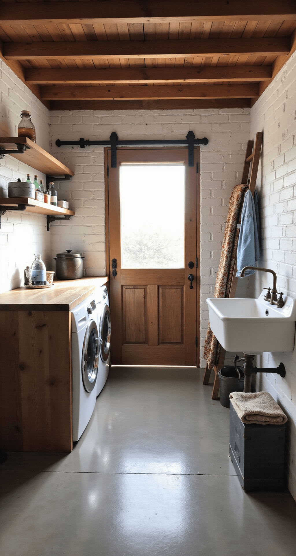 A farmhouse-inspired laundry room featuring exposed wooden beams, whitewashed brick walls, a sliding barn door, and a farmhouse sink, with side-by-side washer and dryer hidden in a wooden cabinet and open shelving made from galvanized pipes. The room is filled with late afternoon sunlight, showcasing vintage decor and a warm taupe epoxy-coated concrete floor.