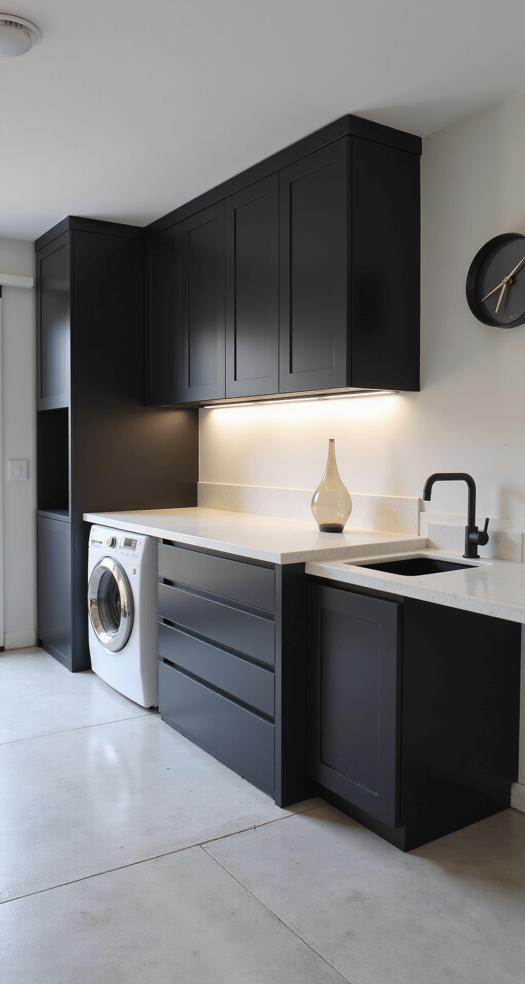 A modern, minimalist laundry space featuring matte black cabinets, glossy white quartz countertops, and a waterfall edge island surrounded by high-efficiency stainless steel appliances, with porcelain tiles on the floor and walls, under-cabinet task lighting, and sparse decorative elements.