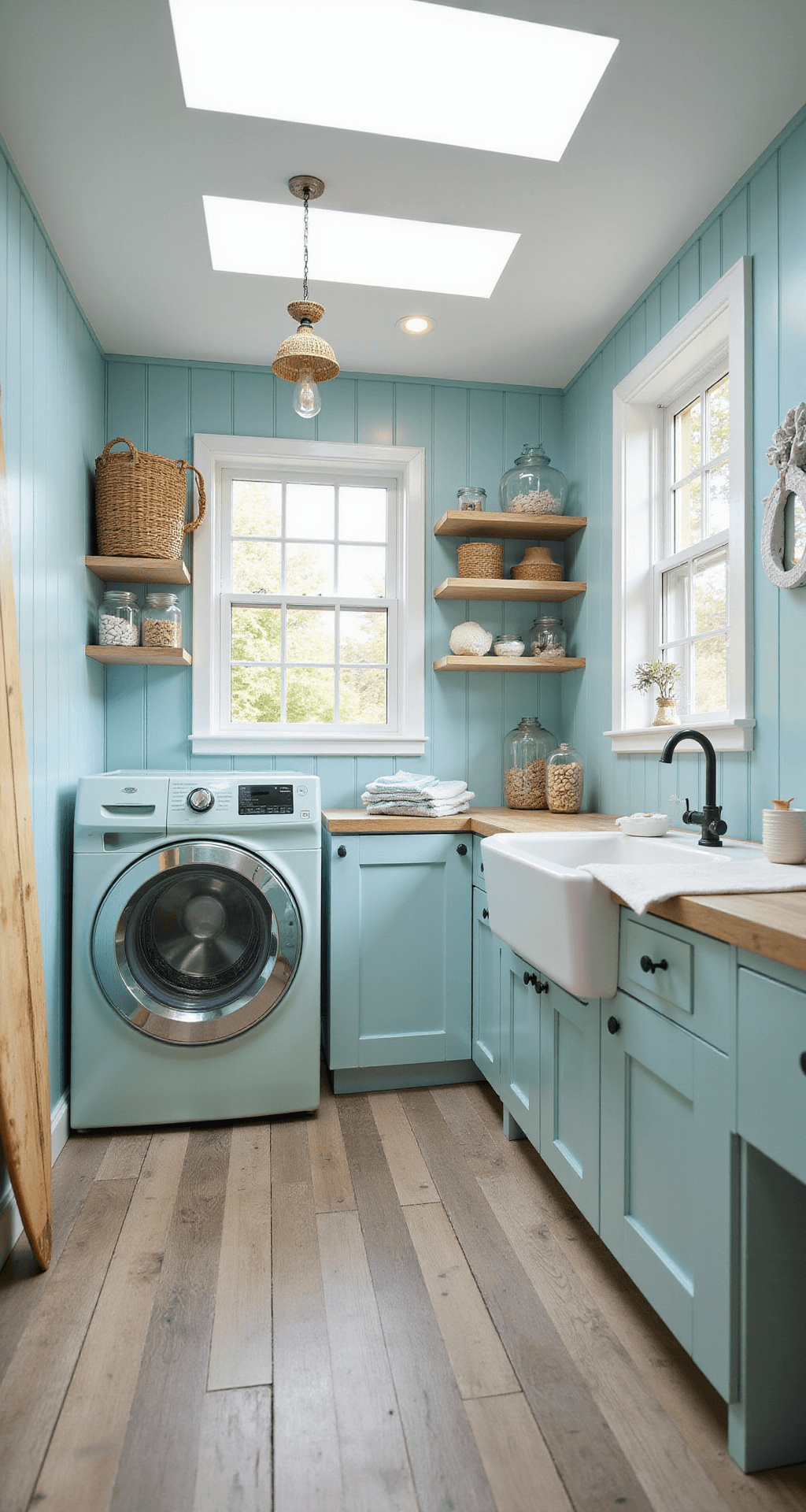 A coastal-inspired laundry room with pale blue beadboard walls, white Shaker cabinets, a seafoam green washer and dryer, open shelving with seagrass baskets and shells, a Belfast sink, weathered oak floorboards, and a rattan pendant light, featuring a vintage surfboard, striped beach towels, and sea glass on the windowsill.