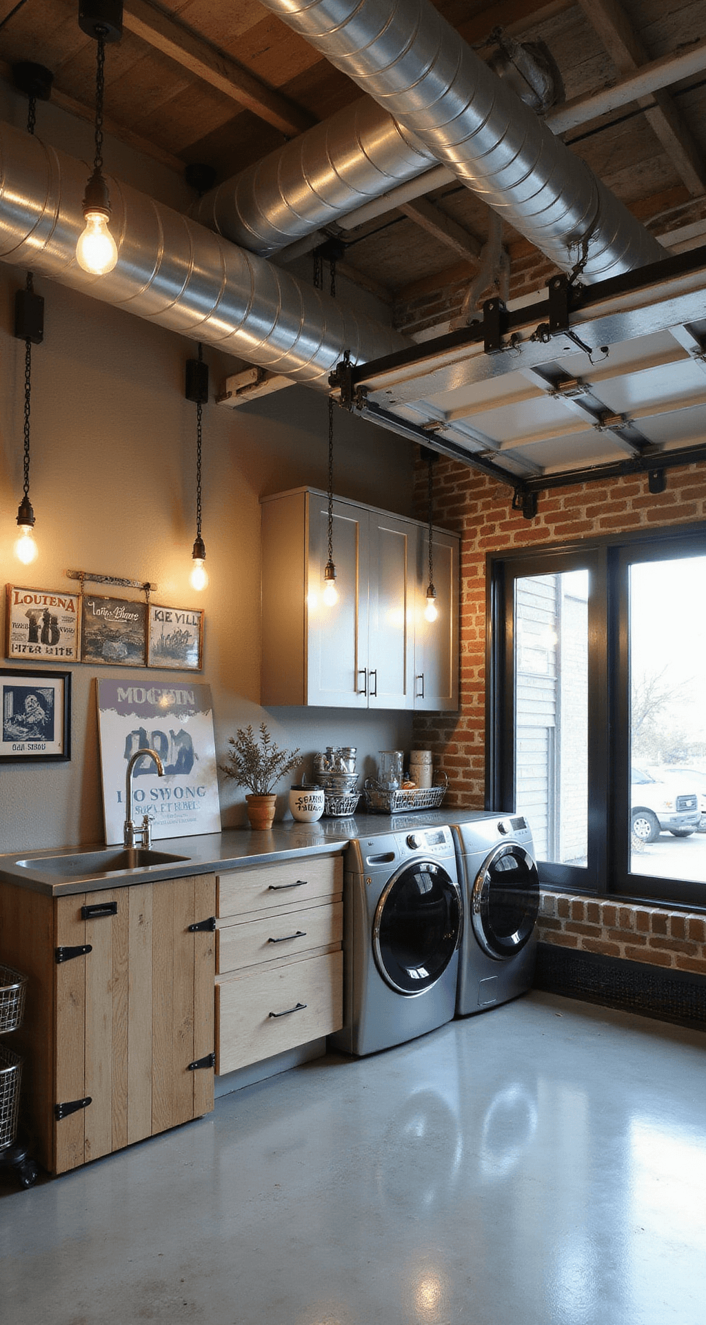 Industrial-chic garage laundry room featuring polished concrete floors, galvanized metal cabinets, a stainless steel countertop, elevated washer and dryer on a custom platform, reclaimed wood sliding barn door, Edison bulb pendant lights, and large metal and glass factory window, styled with vintage laundry signs, wire baskets, and a rolling laundry cart.