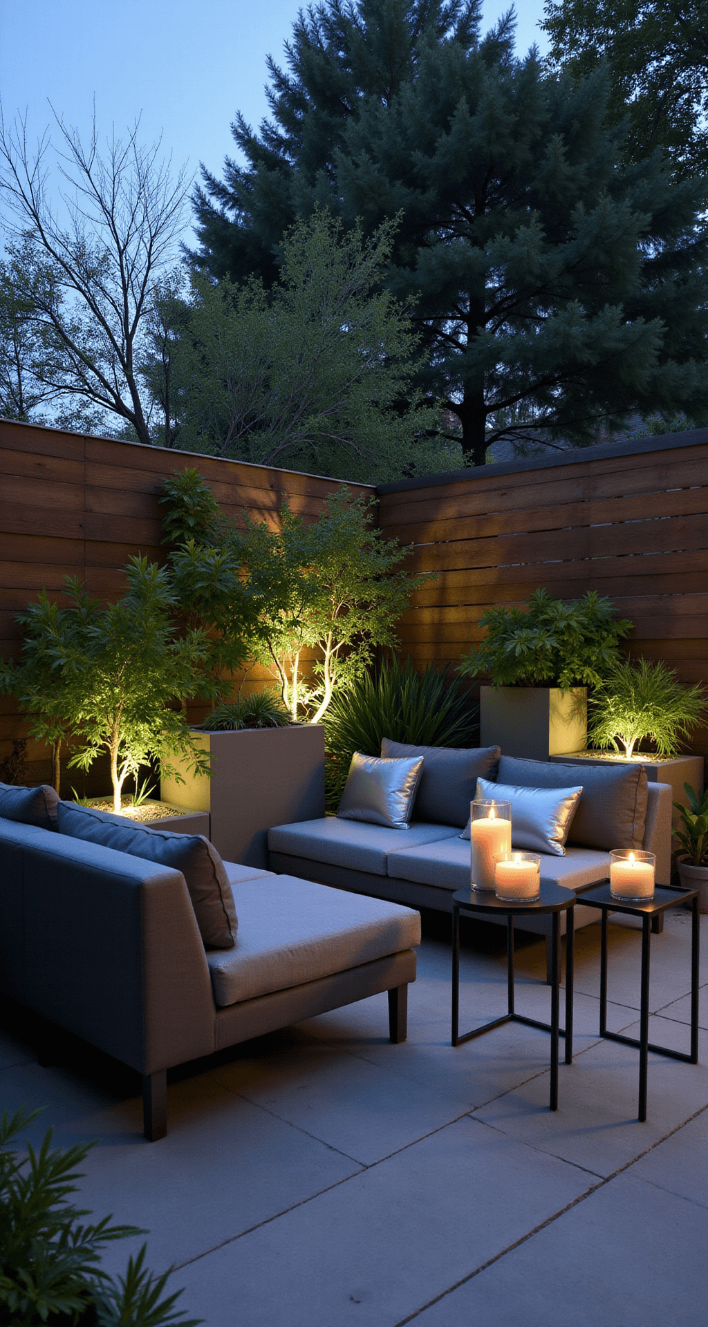 A contemporary corner patio vignette at dusk featuring varying heights of concrete planters with architectural plants, illuminated by LED uplighting. A sleek charcoal sectional with silver cushions contrasts with minimalist black metal side tables holding hurricane candles, emphasizing dramatic shadows and plant silhouettes.