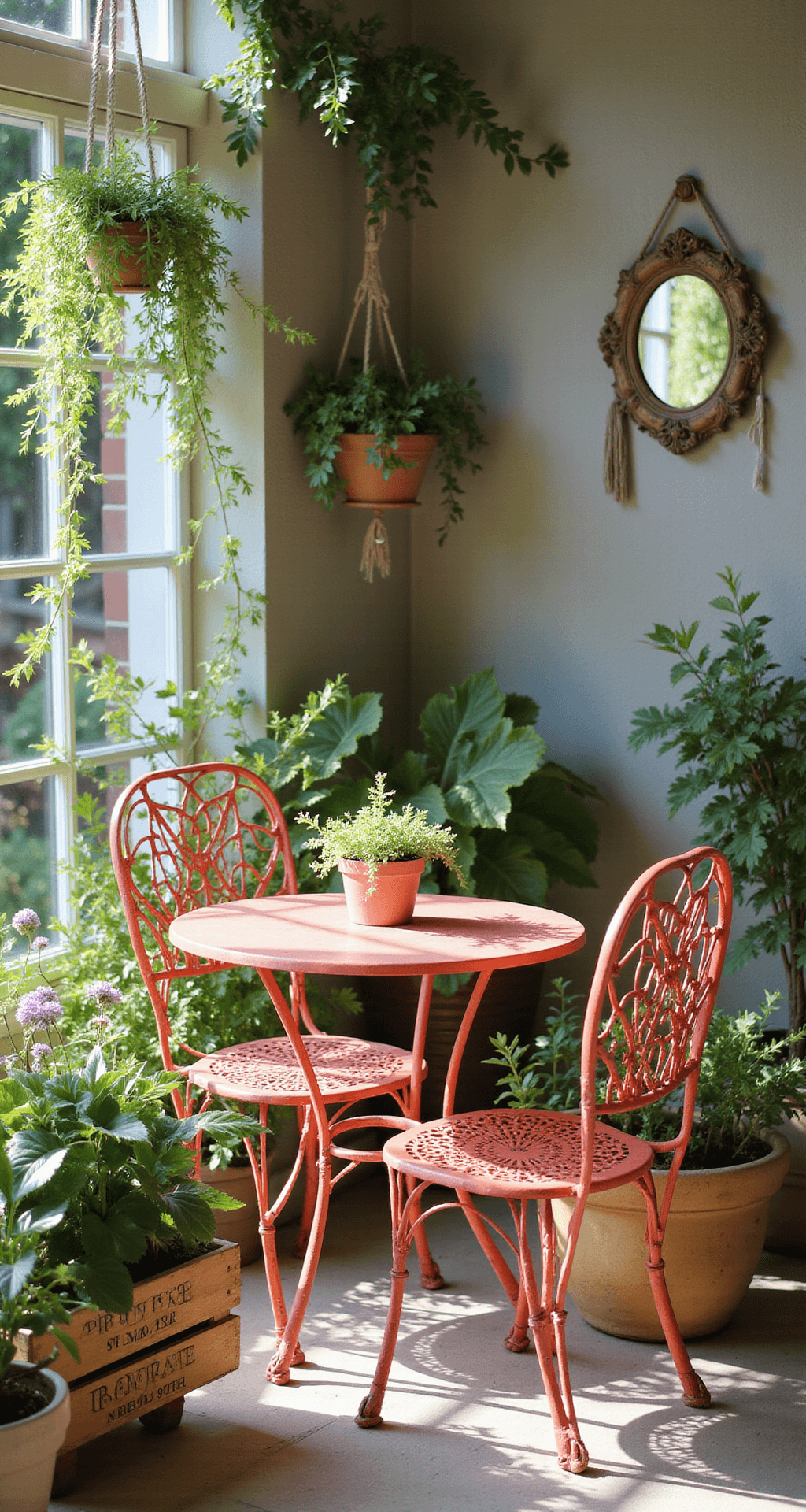 A sunlit patio featuring a vintage coral-painted wrought iron bistro set surrounded by a lush container garden, with repurposed wooden crates as plant stands and macramé hangers displaying trailing vines, all reflected in a distressed mirror on the privacy wall.