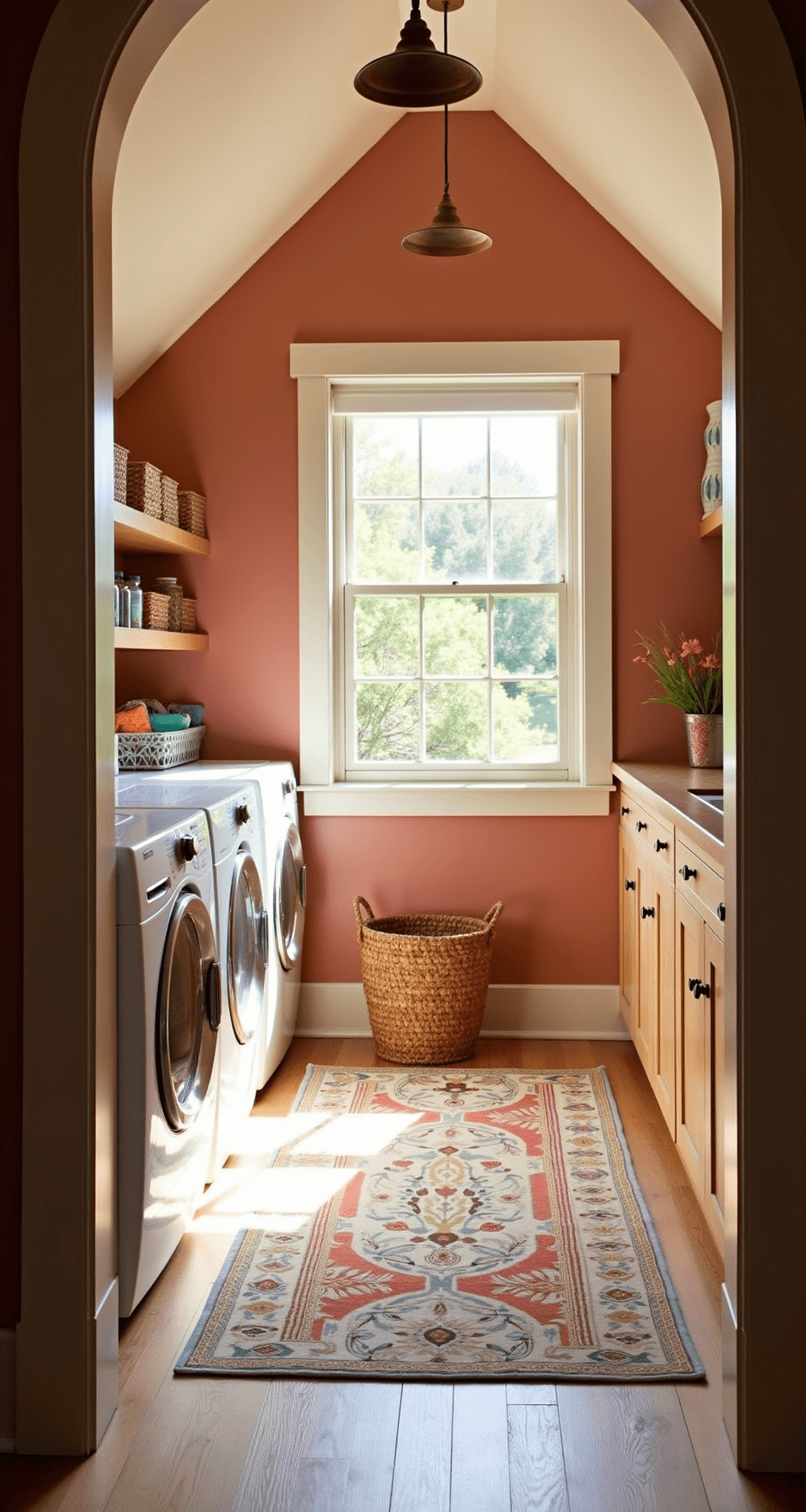 A sunlit laundry room with vaulted ceilings, aged salmon pink walls, white front-loading appliances, and a natural wood countertop. Warm golden hour light enhances the cheerful atmosphere, featuring woven baskets, colorful detergent jars, and brass pendant lights, all set on light oak flooring with a vibrant floral area rug.