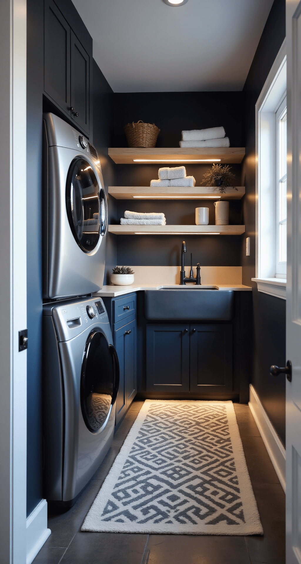A cozy galley-style laundry room featuring charcoal blue walls, white trim, and stainless steel stacked washer-dryer units, with pale ash wood floating shelves holding neatly folded towels. A sleek farmhouse sink with matte black fixtures is at the end, illuminated by warm LED strip lighting, and a geometric print runner adorns the slate tile floor. The low angle shot emphasizes the room's vertical lines and creates a dramatic ambiance with soft, diffused lighting.