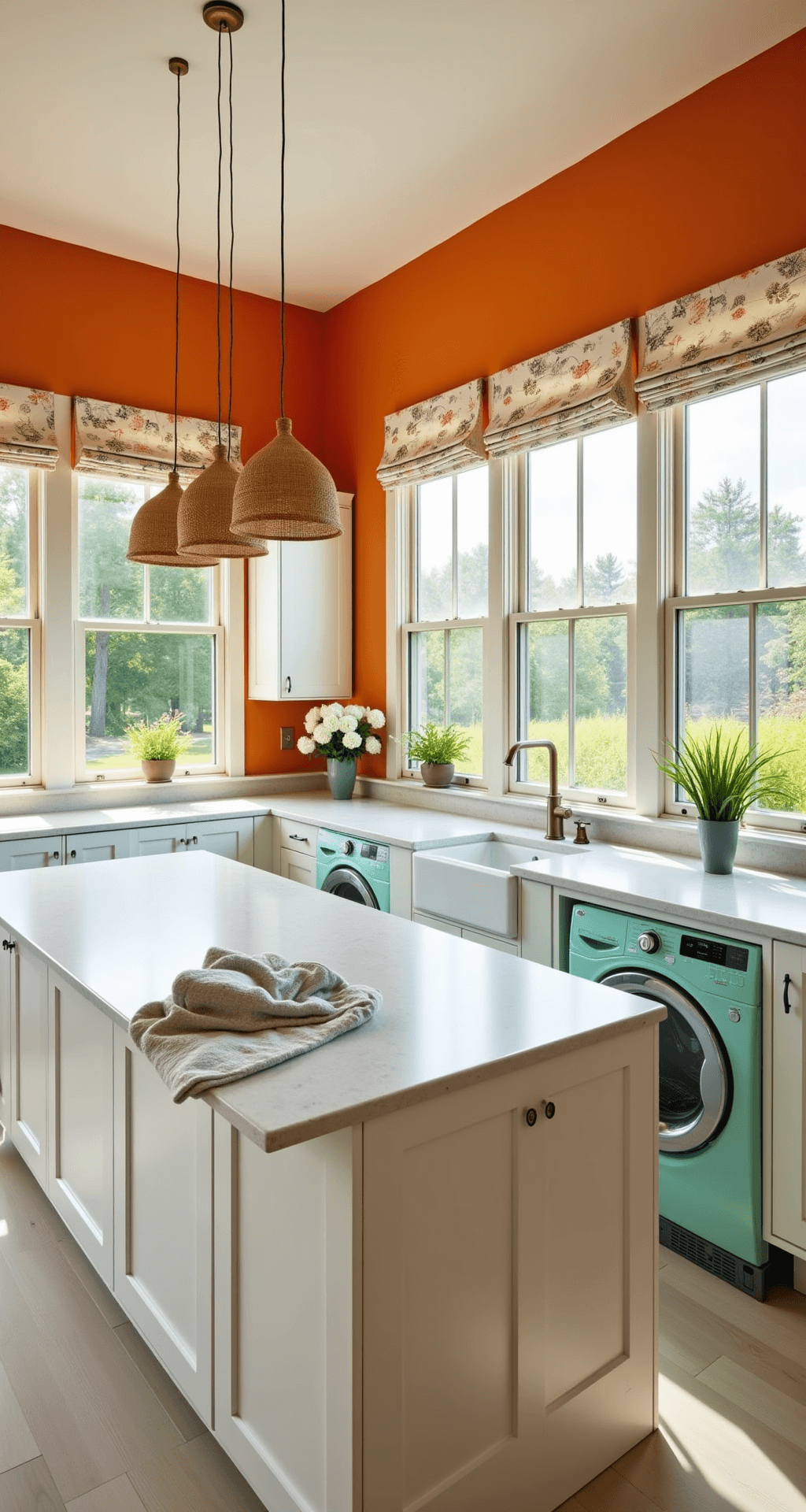 A bird's eye view of a spacious, bright laundry room with creamsicle orange walls and 10-foot ceilings, featuring white shaker-style cabinets, quartz countertops, a large island with a sorting station, retro mint green appliances, botanical print Roman shades, and woven pendant lights, all illuminated by mid-morning sunlight.