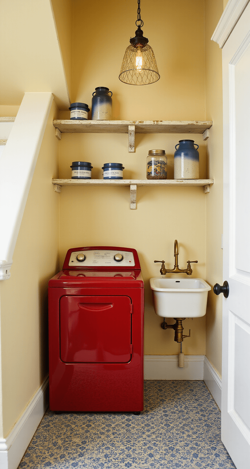 Cozy laundry nook under a staircase, painted buttercream yellow, featuring a glossy red washer-dryer combo, distressed white wood shelving with vintage enamelware, a petite farmhouse sink with brass fixtures, blue and white patterned cement tile flooring, and a whimsical clothespin chandelier, bathed in soft natural and warm artificial light.