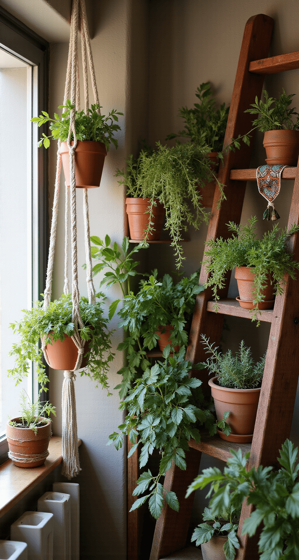 A cozy bohemian kitchen corner vignette featuring macramé plant hangers with terracotta pots of trailing herbs, a vintage ladder as a garden structure, and an eclectic mix of textiles and containers in rich jewel tones, all bathed in warm afternoon light against a textured wall.