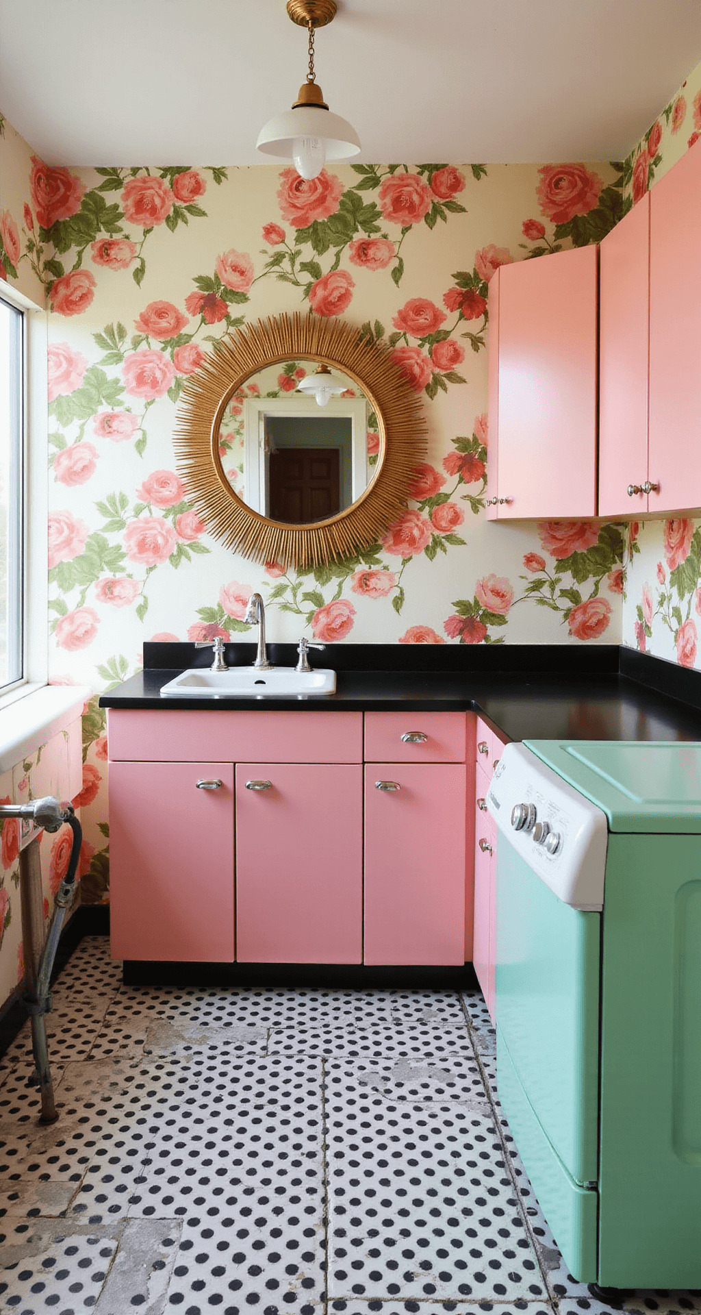 A retro laundry room featuring large floral wallpaper with pink and green blooms, candy pink cabinets with chrome handles, a vintage white porcelain sink, mint green appliances, and black and white checkerboard flooring, all illuminated in bright lighting that enhances the playful and nostalgic mood.