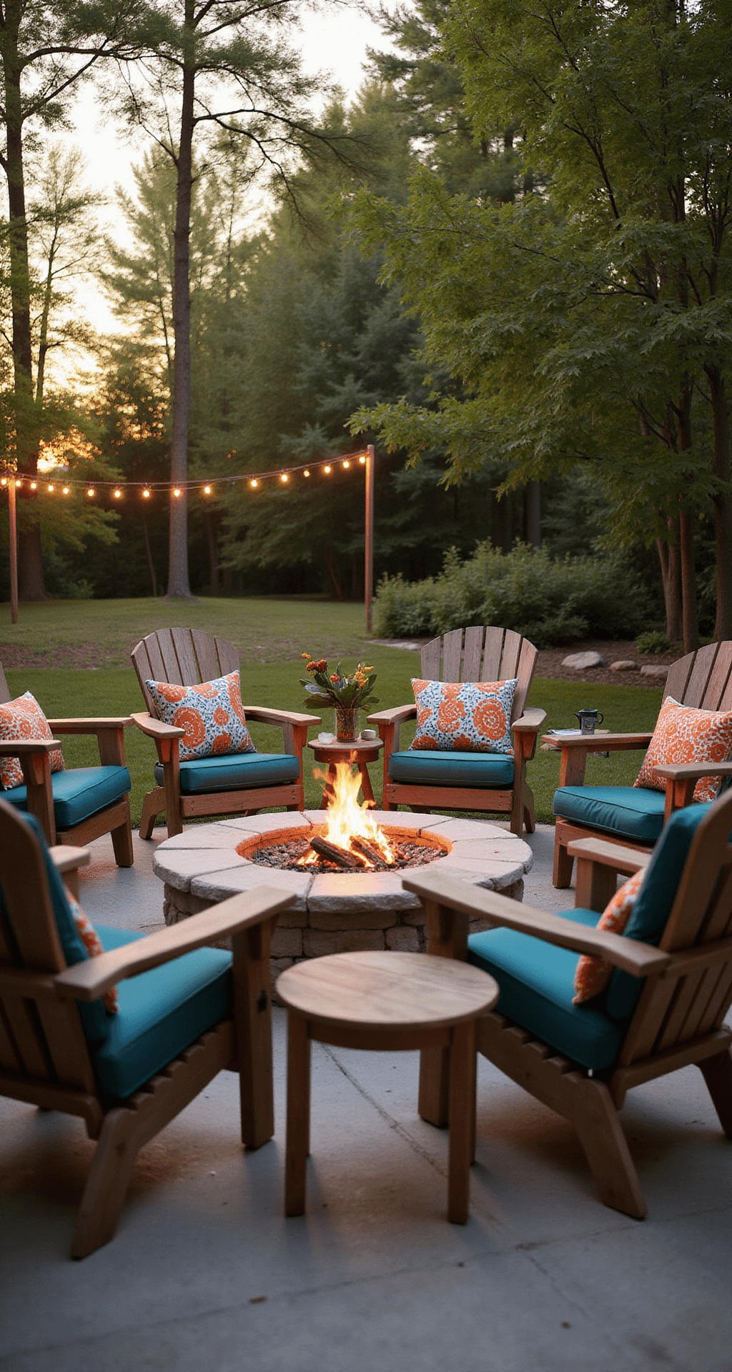 A spacious backyard at dusk featuring a circular stone fire pit surrounded by six weathered teak Adirondack chairs with colorful cushions, low wooden side tables holding snacks and drinks, and string lights draped between trees, all bathed in warm, soft light.