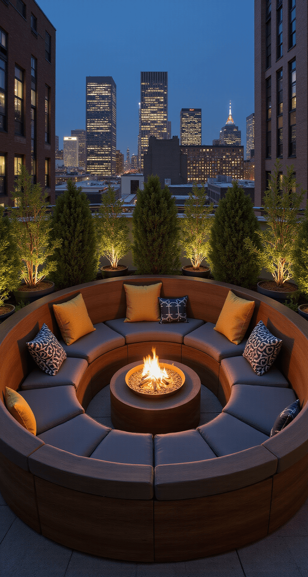 An intimate urban rooftop terrace at night featuring a sleek fire bowl surrounded by a curved walnut bench with charcoal gray cushions, accentuated by geometric throw pillows in mustard yellow and navy blue, with potted plants adding greenery, all set against a twinkling city skyline.