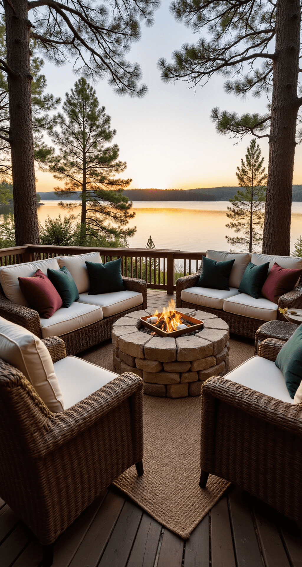 A cozy lakeside cabin patio at sunset, featuring a stone fire pit surrounded by wicker armchairs and a loveseat with cream-colored cushions and green and burgundy throw pillows. A wooden coffee table holds s'mores ingredients, with pine trees framing the lake view. The scene is bathed in warm, golden light from the sunset, creating an inviting atmosphere.