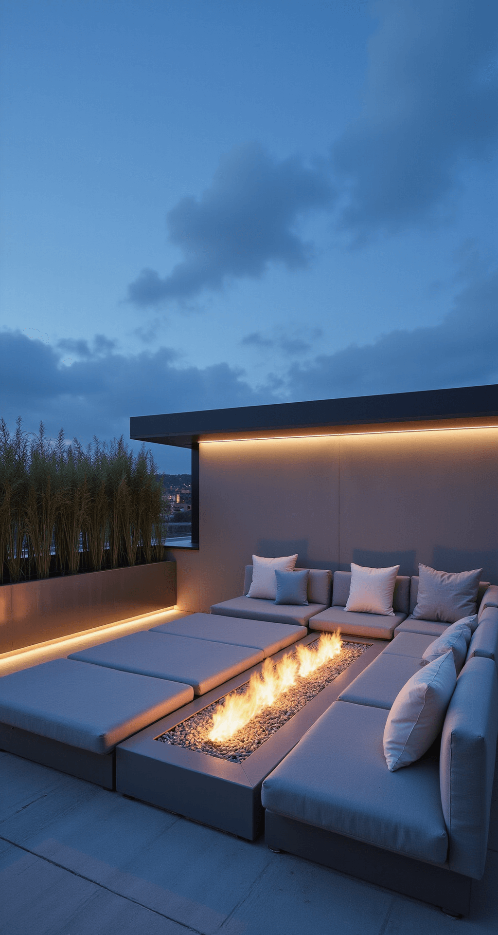 A modern minimalist rooftop lounge at twilight featuring a linear gas fire, modular seating with accent pillows, glass wind barriers, and brushed metal planters, captured in a wide-angle shot highlighting the space's clean lines and contrasting lighting.
