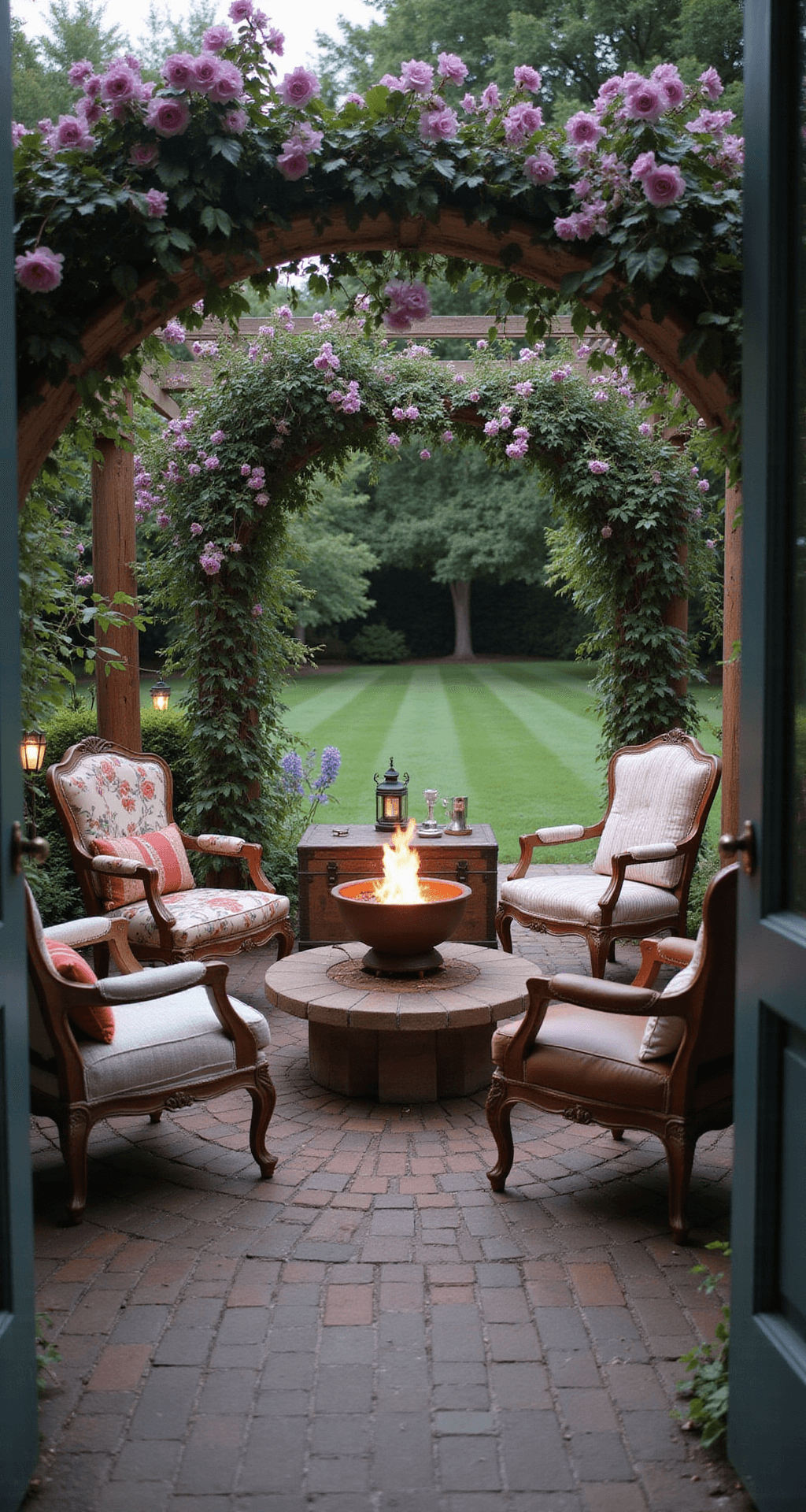 A cozy English garden nook at evening, featuring a copper fire bowl on a circular brick patio surrounded by mismatched vintage armchairs, soft wool blankets, and a weathered wooden chest, all enclosed by climbing roses and wisteria, with warm lighting and gentle flickering from lanterns and the fire.