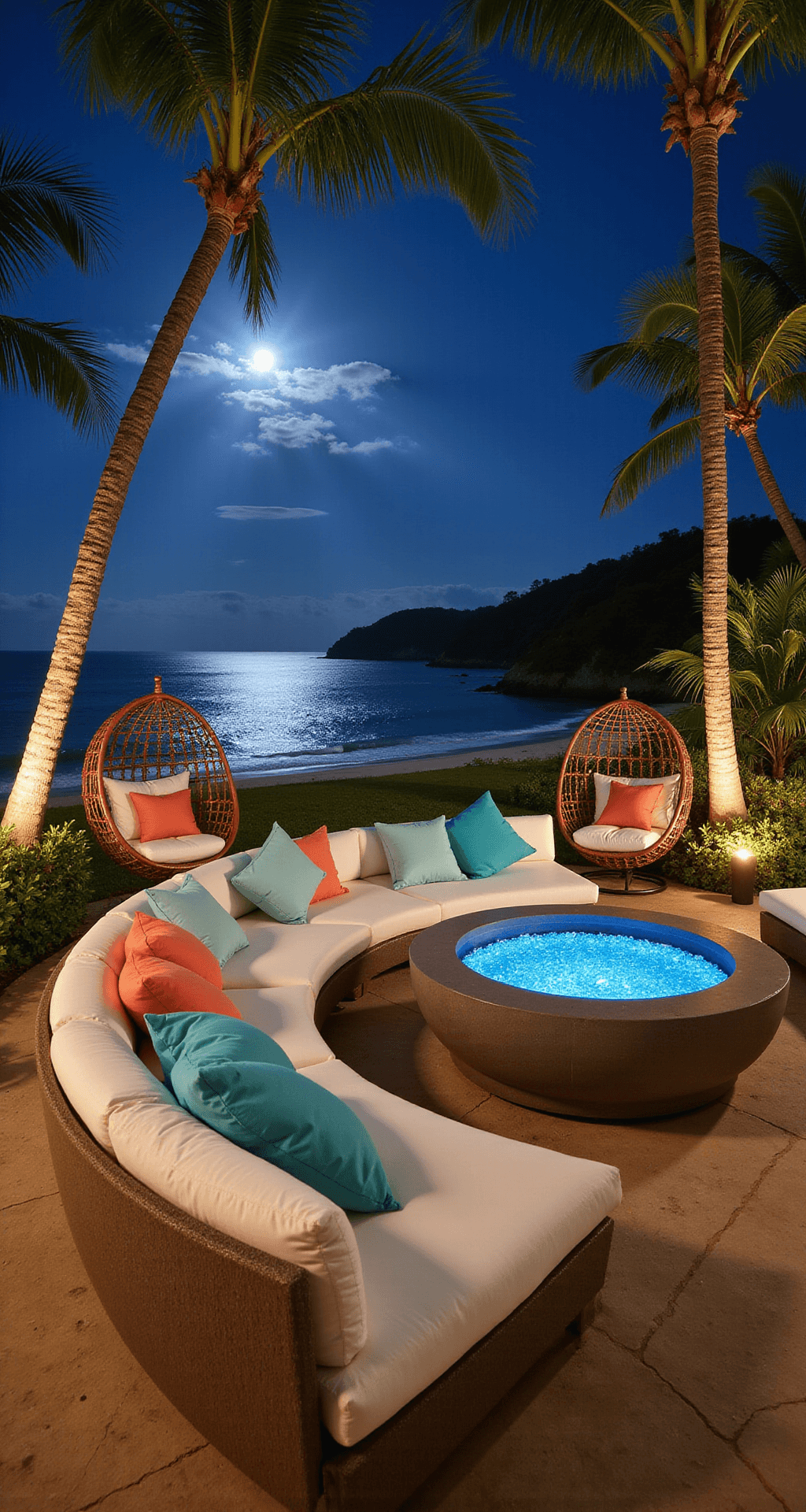 A tropical beachfront patio at night featuring a sunken fire pit with blue fire glass, surrounded by a semicircular built-in bench with white cushions and oversized floor pillows in turquoise and coral. Two hanging rattan egg chairs frame the space, with swaying palm trees above and ocean waves audible in the background. The scene is illuminated by moonlight and warm amber uplighting, creating a magical ambiance.
