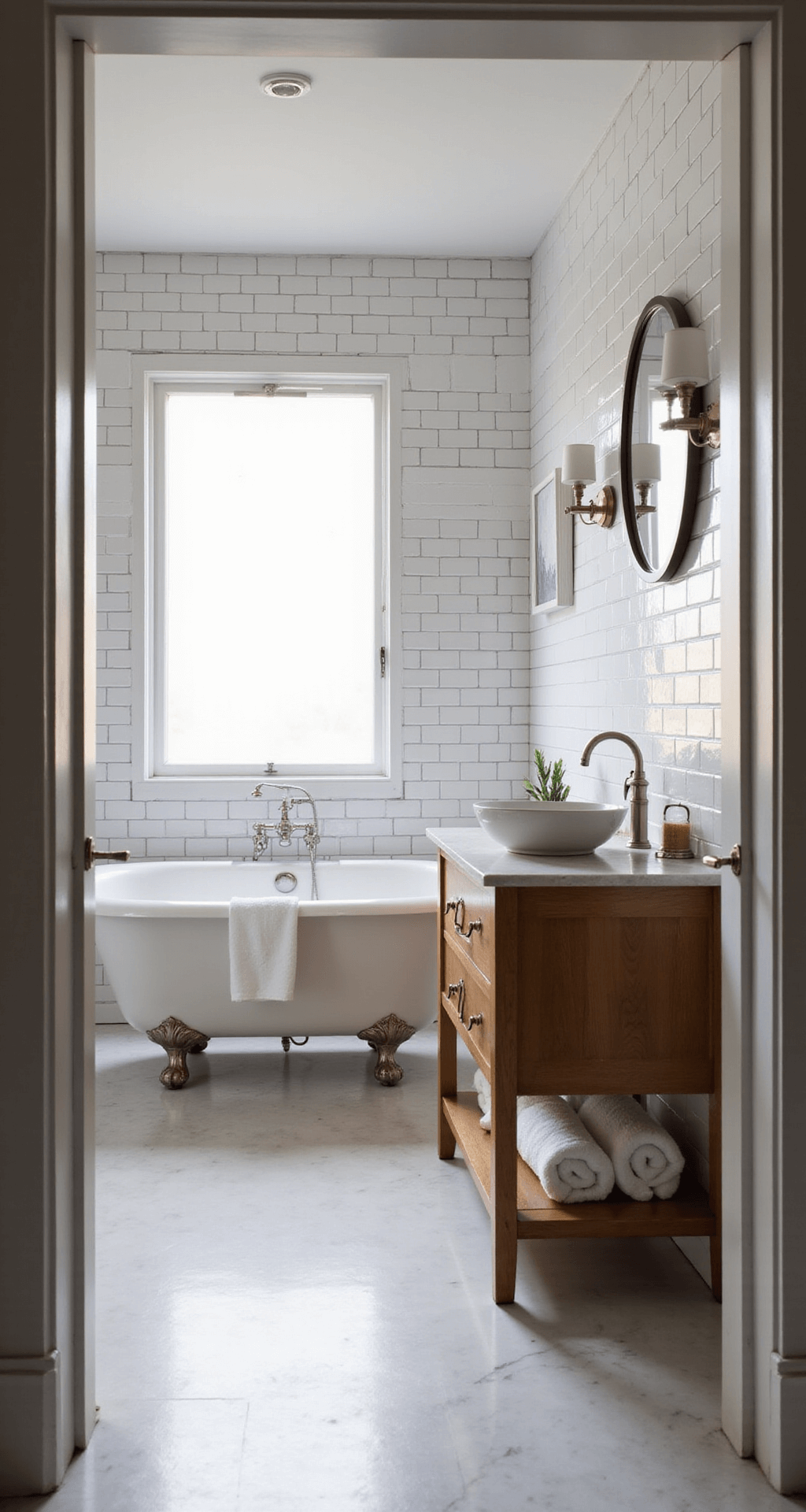 A compact bathroom featuring subway-tiled walls, a petite clawfoot tub bathed in morning sunlight, a floating vanity with a vessel sink, and heated marble floors, all in a crisp white palette with warm wood accents and brushed nickel fixtures.