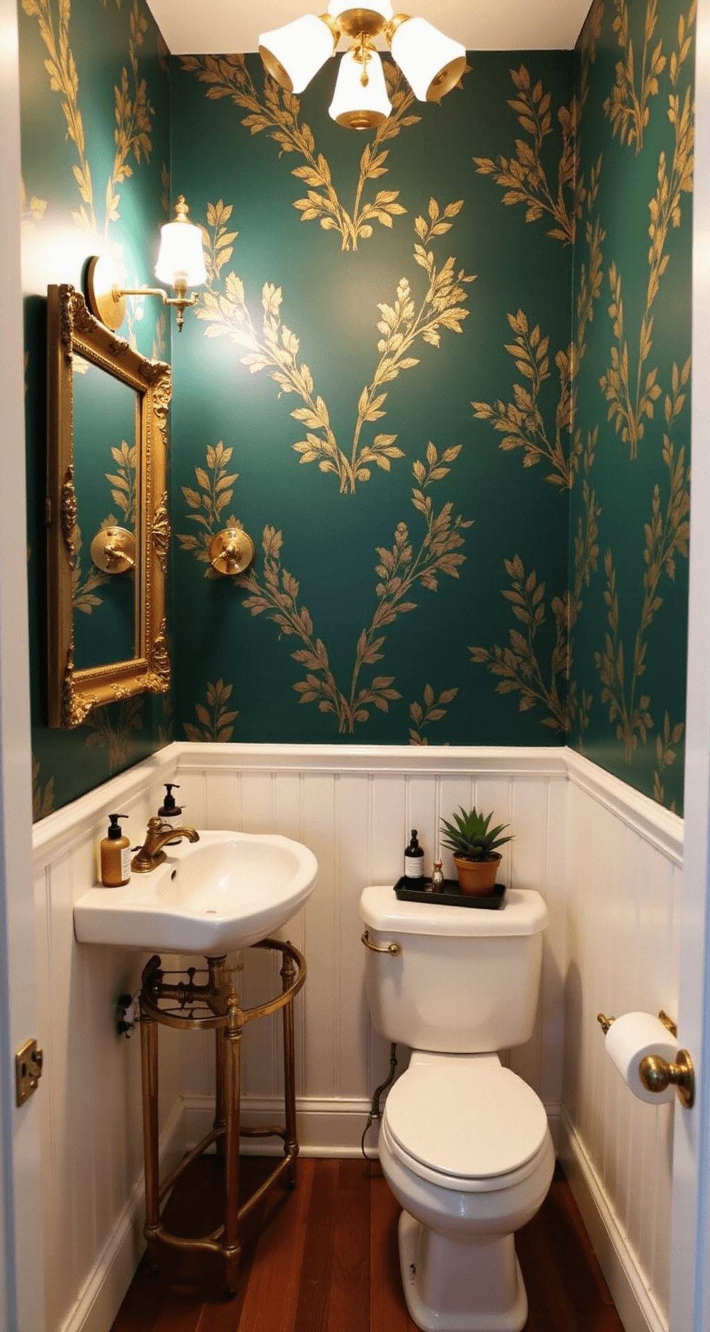 A cozy powder room featuring deep emerald green wallpaper with gold botanical prints, a chandelier casting warm light, a petite pedestal sink beneath a gold-framed mirror, discreet toilet, hardwood floors, white wainscoting, and a small gold side table with toiletries.