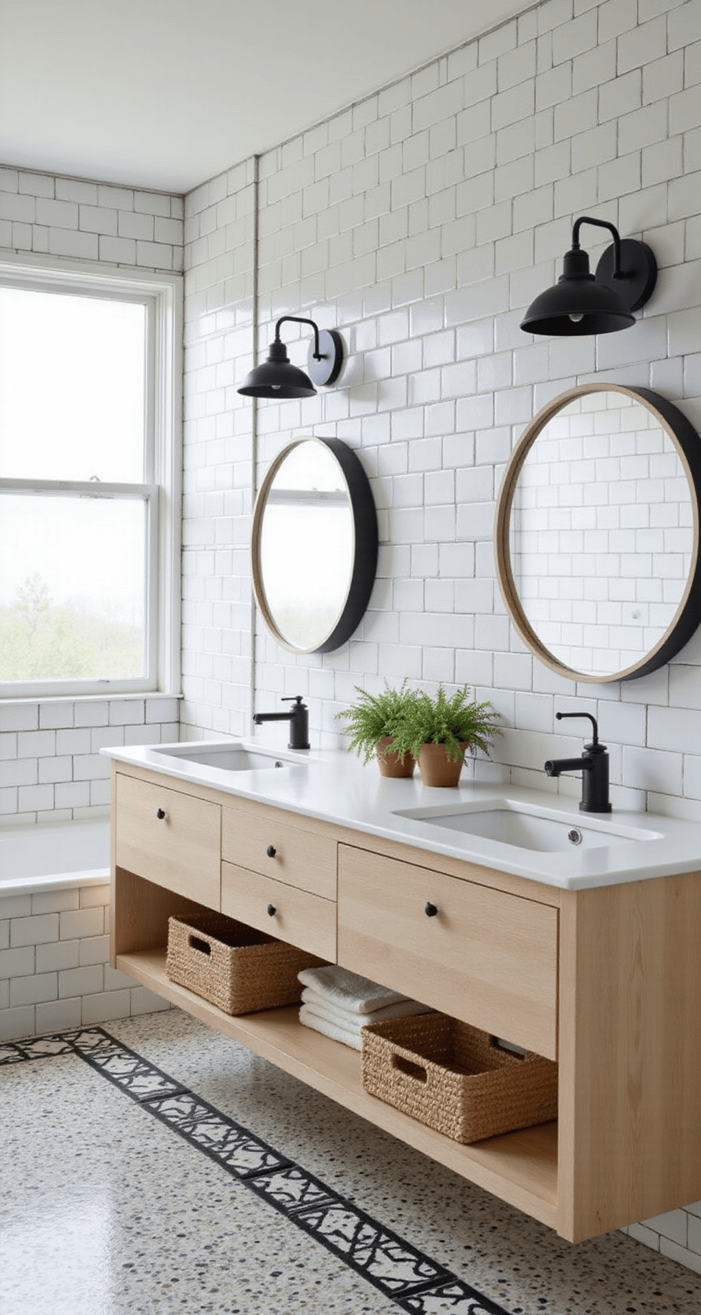 Bright and airy bathroom featuring a corner shower, large window with privacy film, white subway tiles with dark grout, floating light oak double vanity with white quartz top and undermount sinks, round mirrors with matte black sconces, playful black and white patterned tile floor, and woven baskets for storage, captured from the corner opposite the shower.