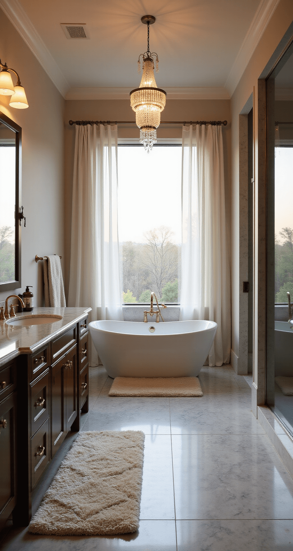 A luxurious master bath featuring a freestanding soaking tub, double walnut vanity with marble counter and brass fixtures, large walk-in shower, herringbone marble tile floors, crystal chandelier, and soft cream bath mats, illuminated by dusk light for a serene spa-like ambiance.