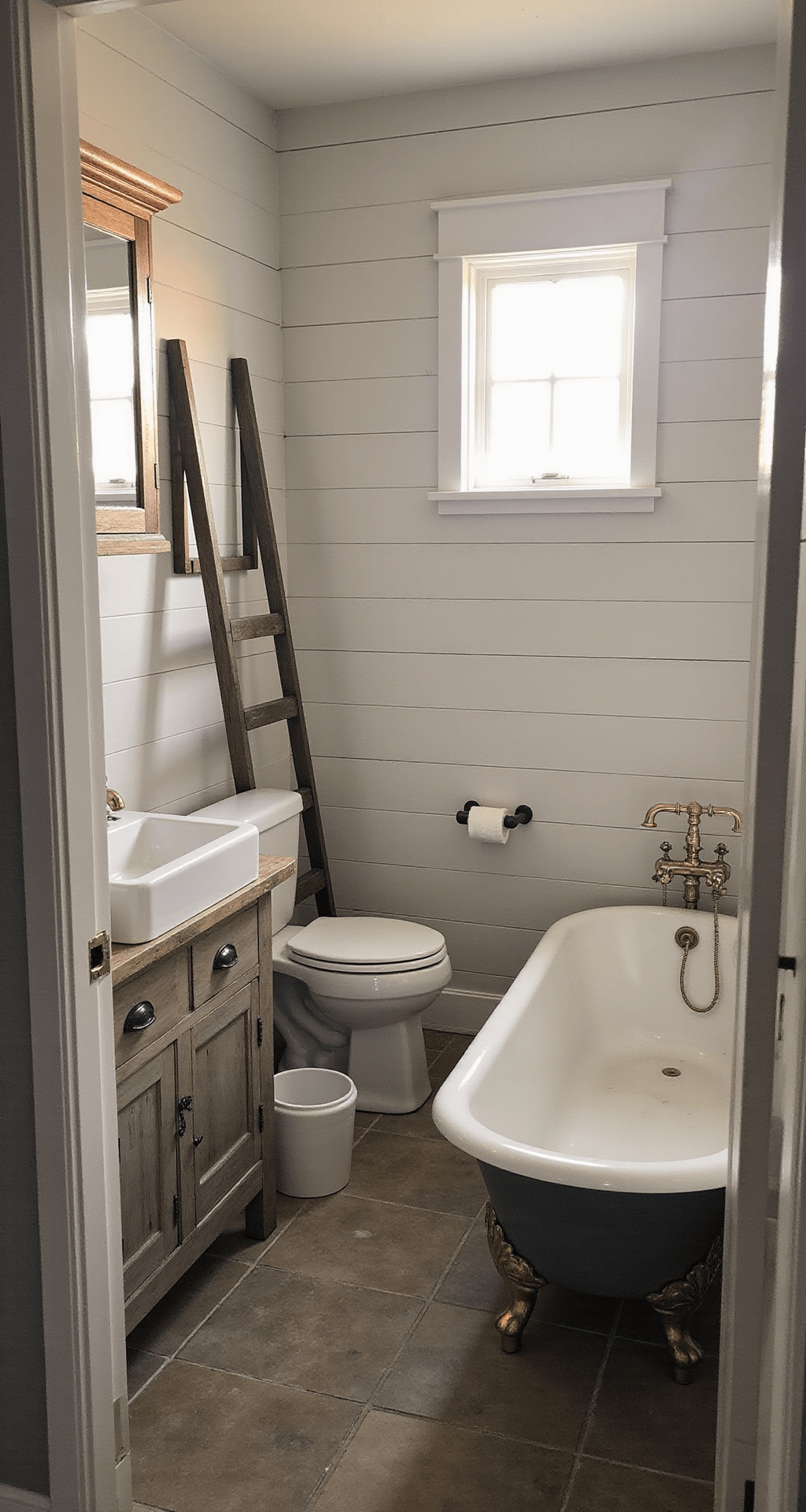 A cozy farmhouse-style bathroom featuring soft gray shiplap walls, golden hour light streaming through a window, a rustic reclaimed wood vanity with a white porcelain sink, a clawfoot tub, and a ladder-style towel rack, captured from the doorway.