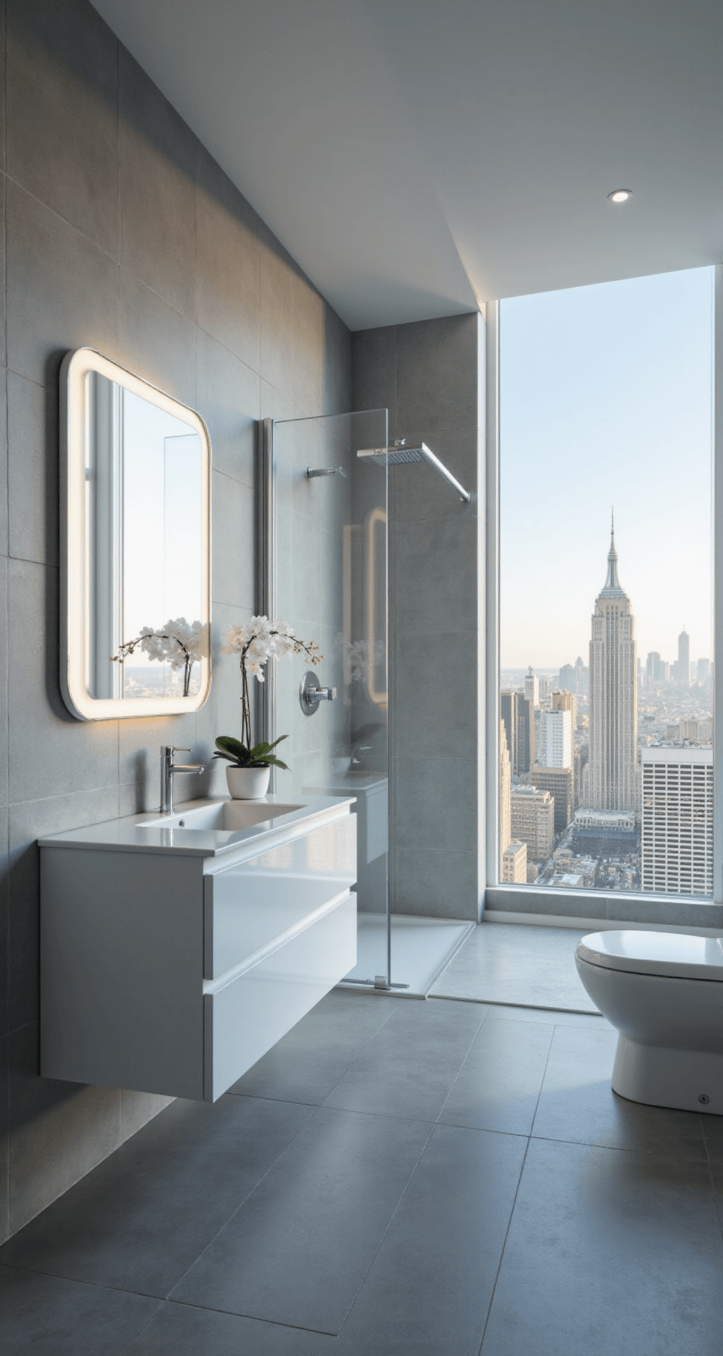 Minimalist bathroom with floor-to-ceiling windows showcasing a city view, featuring a floating white vanity, backlit mirror, walk-in shower with glass partition, wall-hung toilet, and large gray tiles, highlighted by cool morning light and a single orchid.