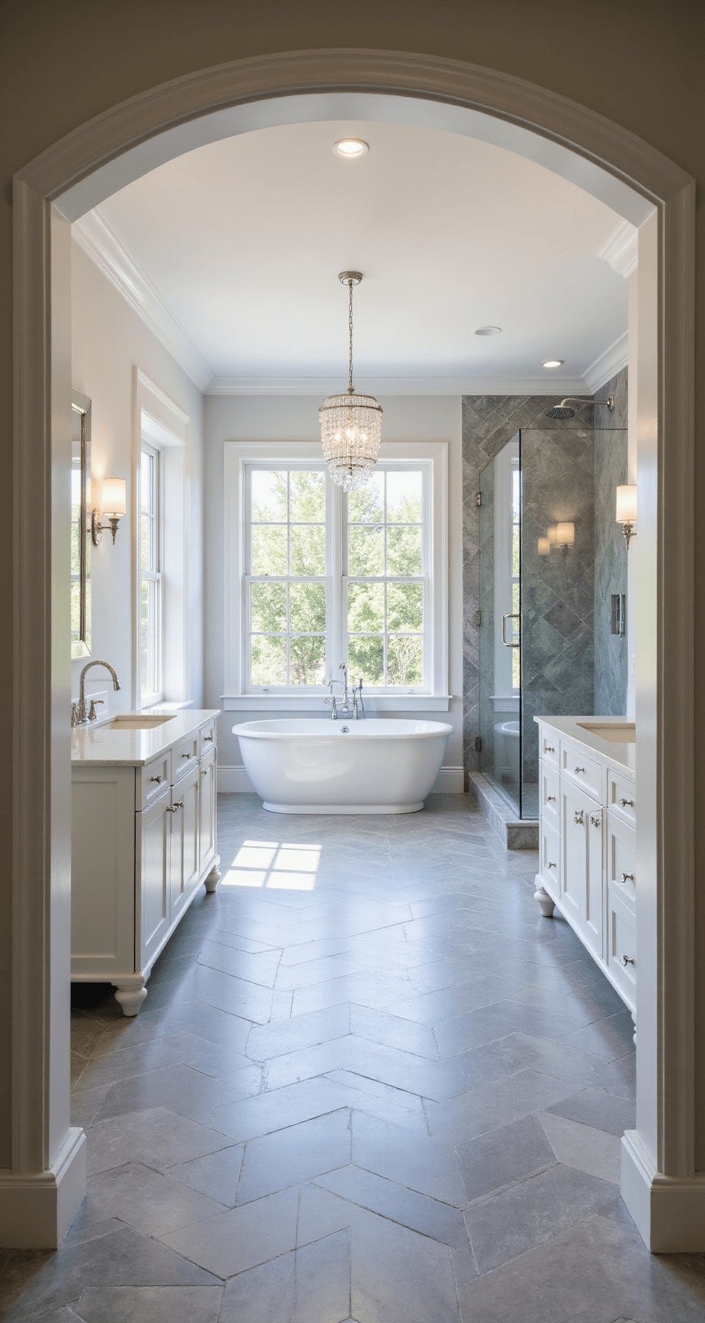 A spacious transitional bathroom featuring white shaker cabinets, gray marble herringbone floor tiles, a central freestanding tub, walk-in shower, double undermount sinks, and elegant lighting, all bathed in soft morning light.