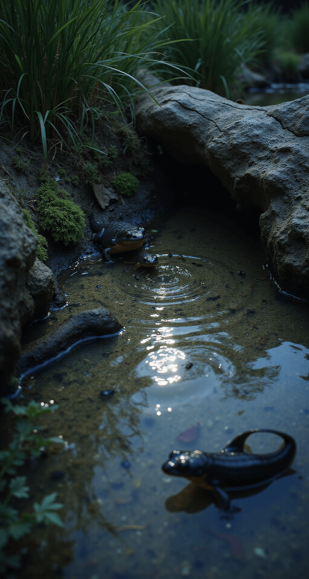 A nocturnal pond scene viewed from ground level, showcasing illuminated underwater rock caves and native plants. Newts explore their environment as surface ripples reflect moonlight. Soft warm lighting highlights water insects beside weathered logs in the crystal-clear water, creating a naturalistic documentary mood.