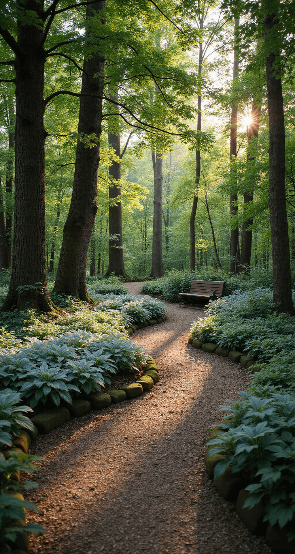 A winding woodland garden path illuminated by golden hour light, bordered by blue hostas and ferns, with dappled shadows from towering maple trees, moss-covered stones lining the edges, and a rustic wooden bench partially visible around a gentle curve.