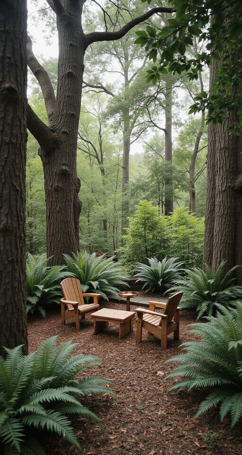A cozy woodland seating area in soft morning light, featuring a weathered teak conversation set surrounded by towering oaks, with dew-covered ostrich ferns, a copper birdbath, and string lights overhead.