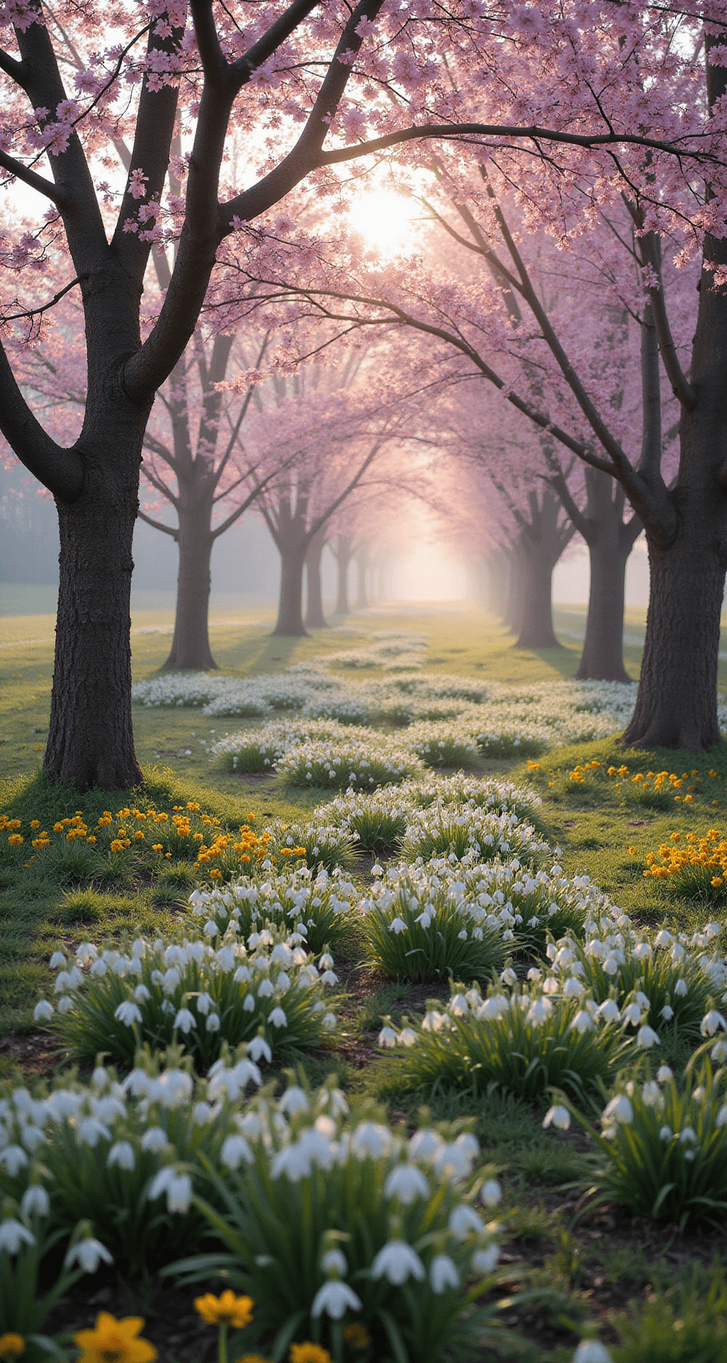 A vibrant spring woodland garden at dawn, featuring cherry trees in full bloom creating a pink canopy over clusters of snowdrops and daffodils on the forest floor, with soft morning mist and warm sunrise light illuminating the scene.