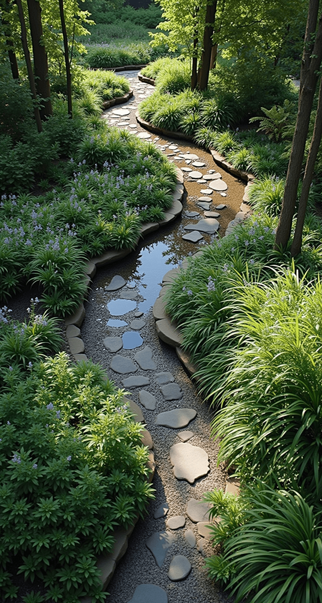 Aerial view of a 40x60 foot woodland garden featuring curved beds among mature maple and oak trees, with a central water feature reflecting dappled light. The landscape is adorned with white astilbe, purple hostas, and Japanese forest grass, creating textured waves. Deep shadows and bright sunny spots enhance the multiple shades of green, accented by white and purple flowers.
