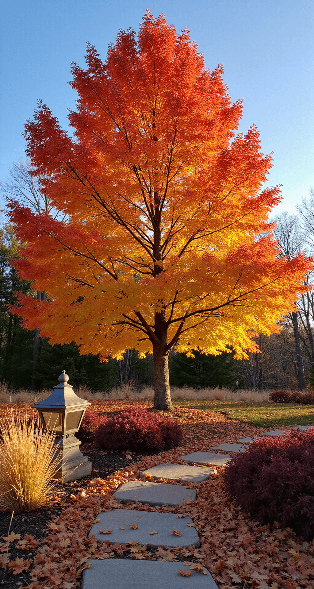 A vibrant autumn woodland scene featuring a 25-foot red maple tree with brilliant orange-red foliage, surrounded by burgundy heuchera and golden Japanese forest grass. A stepping stone path covered in fallen leaves leads to a stone lantern, all bathed in warm golden hour light against a blue sky.