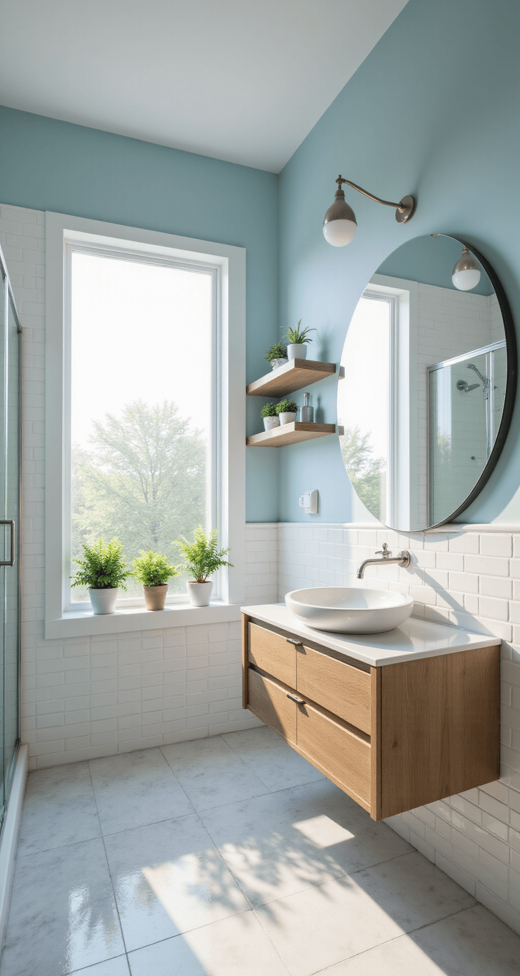 Bright, airy bathroom with white subway tiles and pale blue walls, featuring a light oak floating vanity and white vessel sink, large round mirror, glass shower enclosure, and peel-and-stick marble-look vinyl flooring, enhanced by green potted plants and morning sunlight from a frosted window.