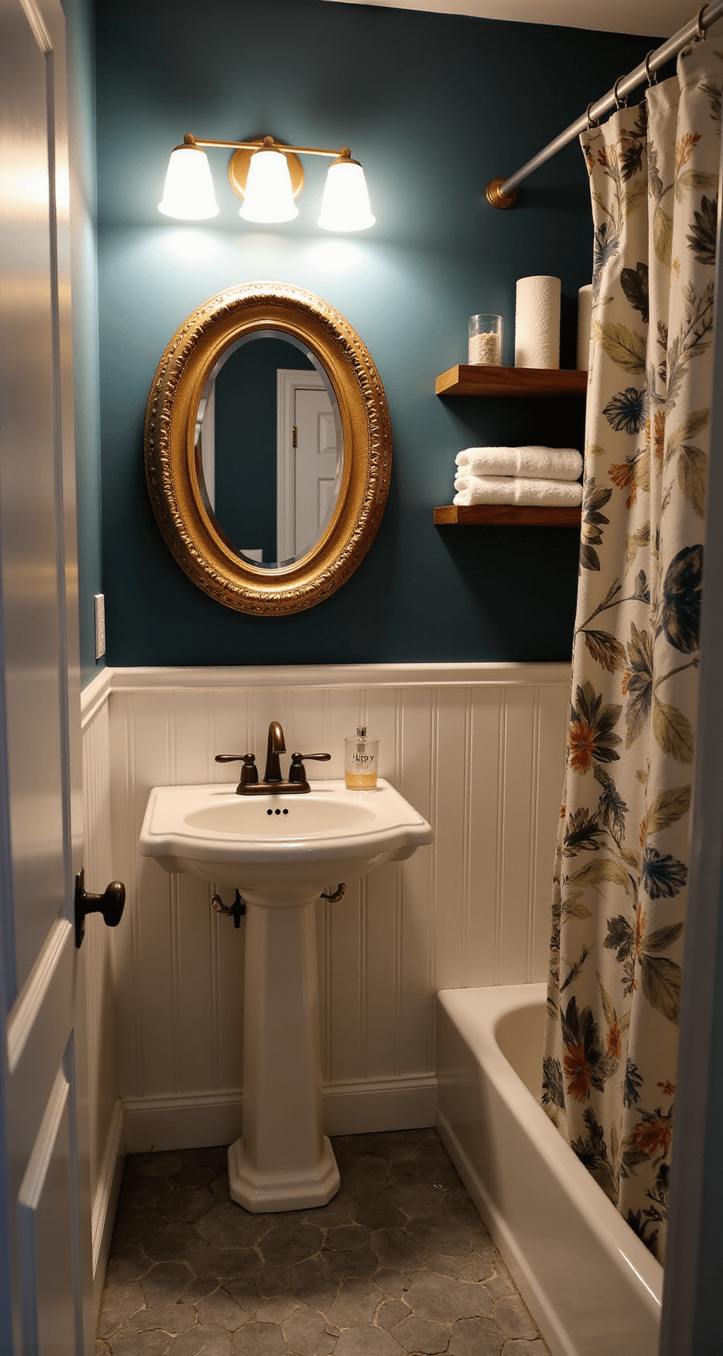Cozy powder room at dusk with deep teal walls, gold-framed mirror, vintage bronze fixtures, open wooden shelves, gray hexagon tile floor, and colorful botanical print shower curtain, captured from a low angle at the doorway.