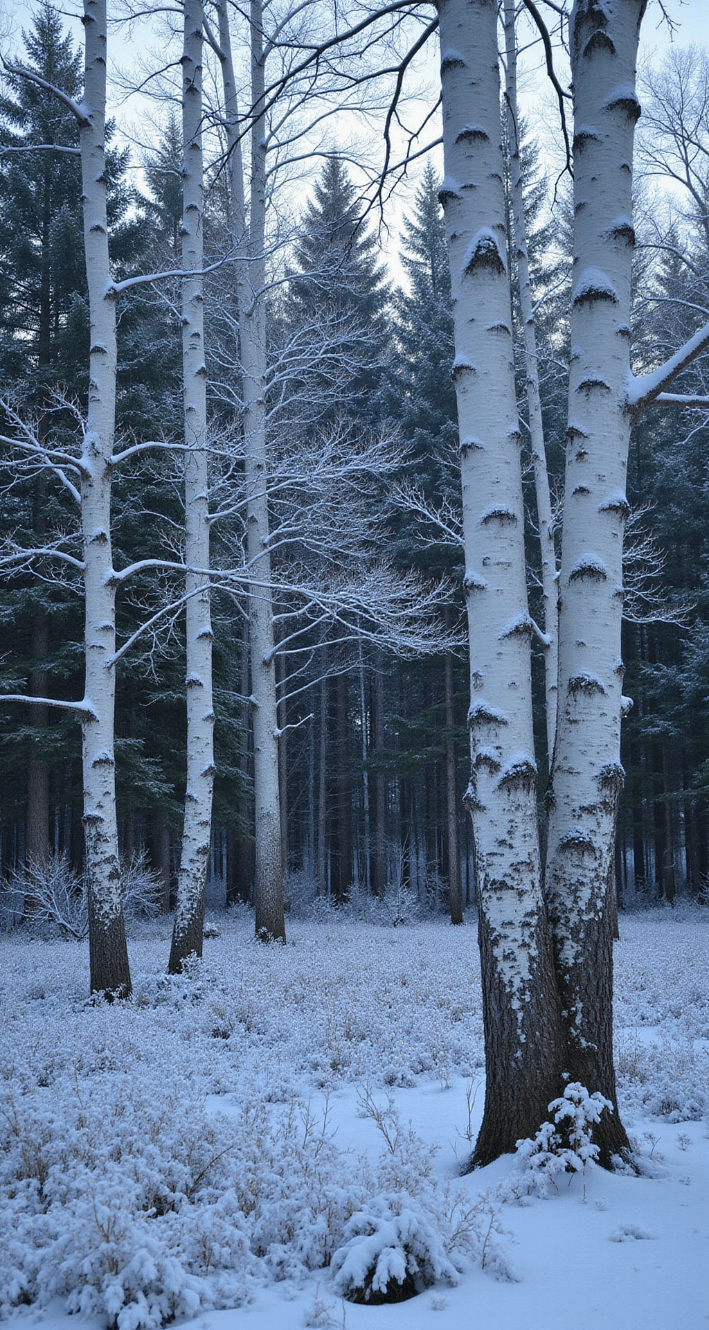 A serene winter woodland scene featuring tall, snow-dusted white birch trees with dark evergreens in the background. Ice-covered branches glisten in soft morning light, while the ground is textured with evergreen ferns and blooming hellebores. The composition emphasizes the patterns of the tree trunks against a minimalist color palette of white, silver, deep green, and blue-grey.
