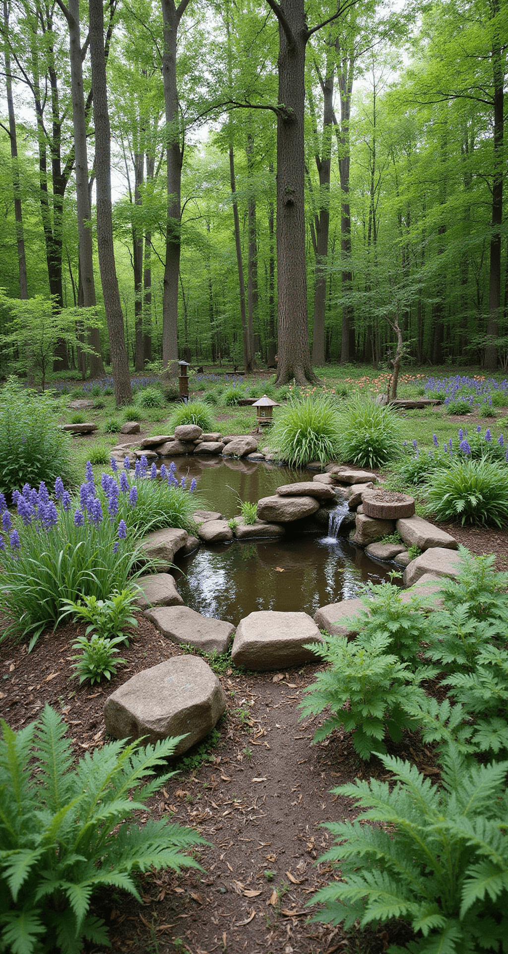 A vibrant sustainable woodland garden ecosystem featuring a canopy of 25-foot dogwoods and redbuds, with ferns, wild ginger, and native wildflowers below. Bird feeders and a small wildlife pond are present, alongside local stone and fallen logs. The image captures harmonious greens and earth tones, with seasonal flower accents.