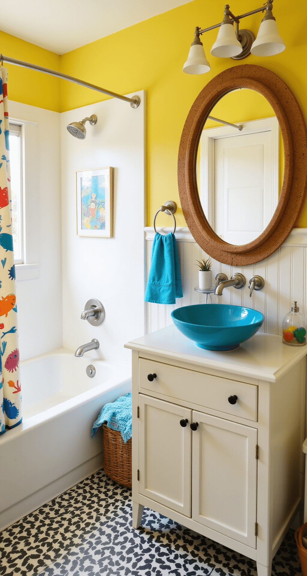 A bright and cheerful kids' bathroom featuring yellow walls, white beadboard wainscoting, a white vanity with colorful knobs and a blue vessel sink, a playful round mirror surrounded by cork tiles displaying children's artwork, a fish-patterned shower curtain, and bold black and white peel-and-stick floor tiles, all captured in warm late afternoon light.