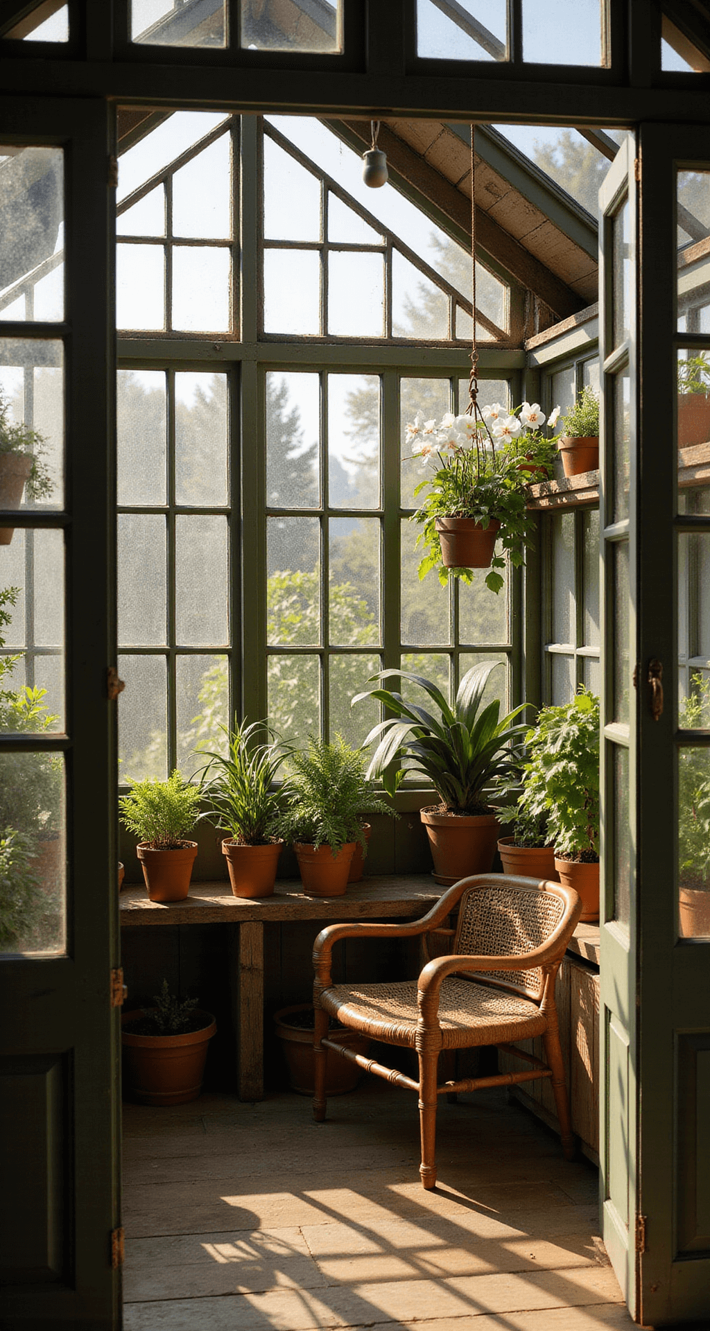 Interior of a Victorian-style greenhouse at golden hour, showcasing terracotta pots, blooming orchids, and rare ferns on wooden shelving, with sunlight filtering through clouded glass and illuminating vintage rattan chair in the corner.