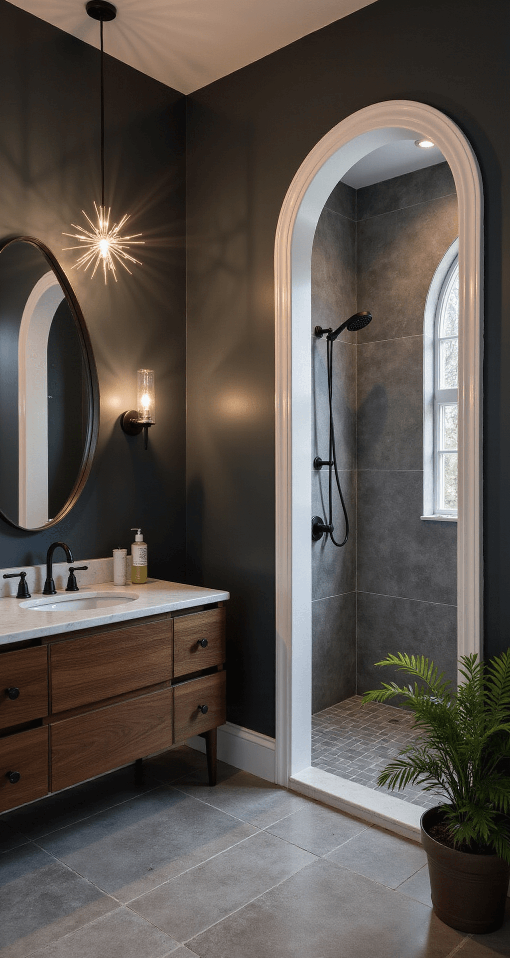 A sophisticated guest bathroom featuring deep charcoal walls, a statement sputnik chandelier, a floating walnut vanity with a marble countertop, a large arched mirror, a glass walk-in shower, and large-format stone-look tiles, all highlighted by moody twilight lighting and potted ferns.