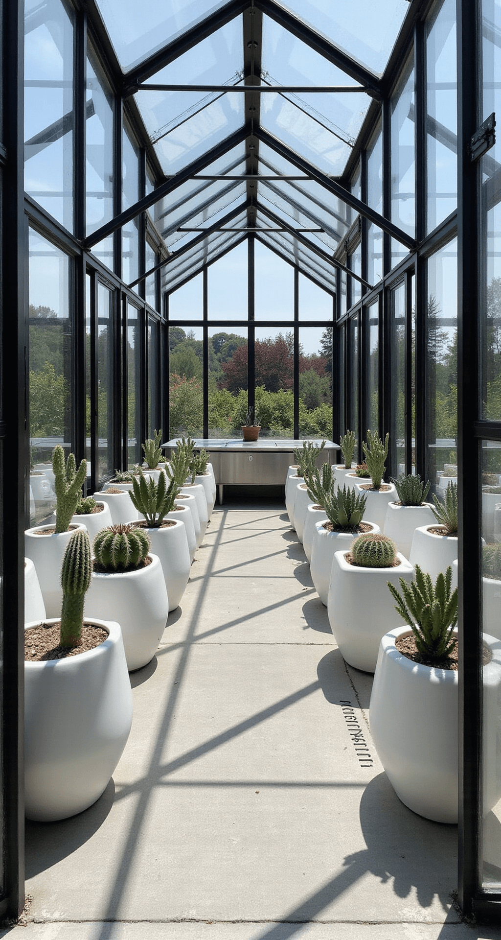 Modern minimalist greenhouse with black metal framing, clear glass panels, and polished concrete floors. Geometric white ceramic planters in a grid contain sculptural succulents and cacti. A stainless steel prep table is centered, photographed from an elevated corner angle to emphasize shadows and clean lines. The color palette includes white, black, gray, and desert sage green, under high-key lighting.