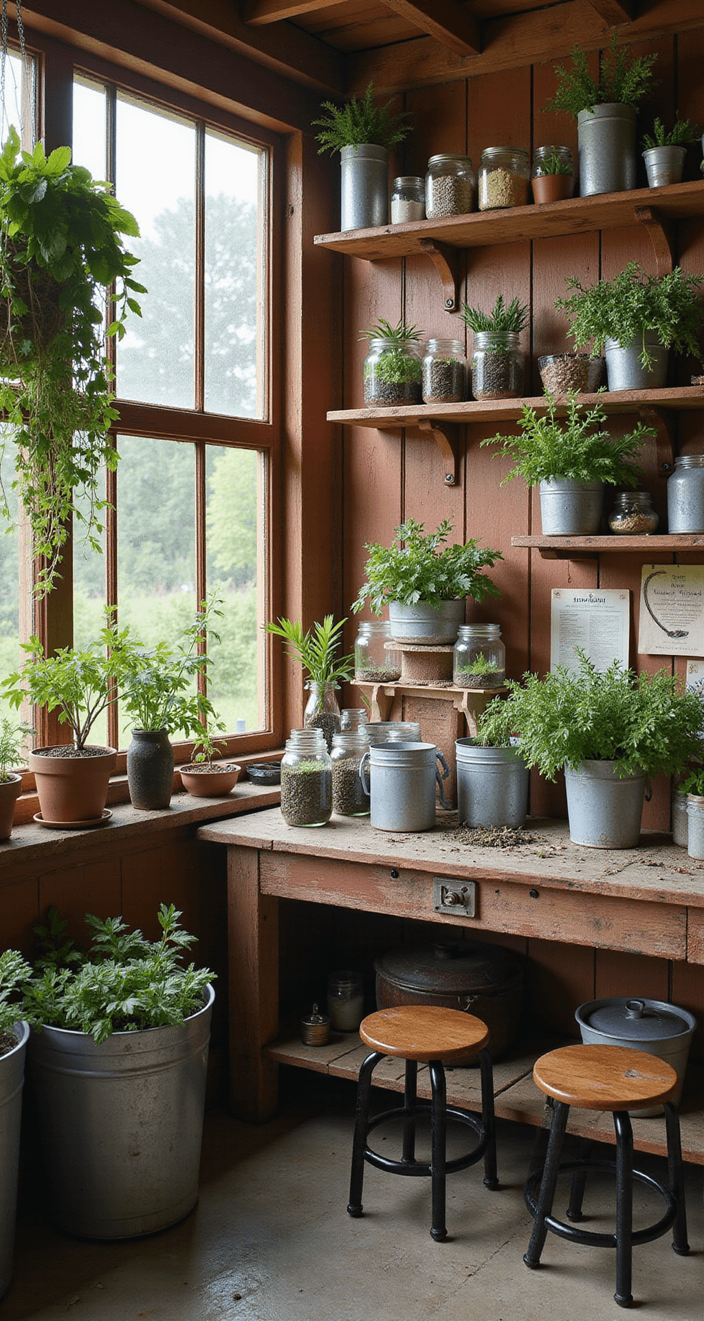 A rustic farmhouse greenhouse interior at dawn, featuring reclaimed barn wood accents, illuminated by morning light filtering through eastern windows. Hanging herb bundles and vintage zinc planters are showcased alongside a weathered potting bench with heritage seed packets. Mason jars with propagating cuttings line rough-hewn wooden shelves, and the scene captures the essence of morning mist and dew drops, with a warm color palette of browns, galvanized metal, and faded red wood.