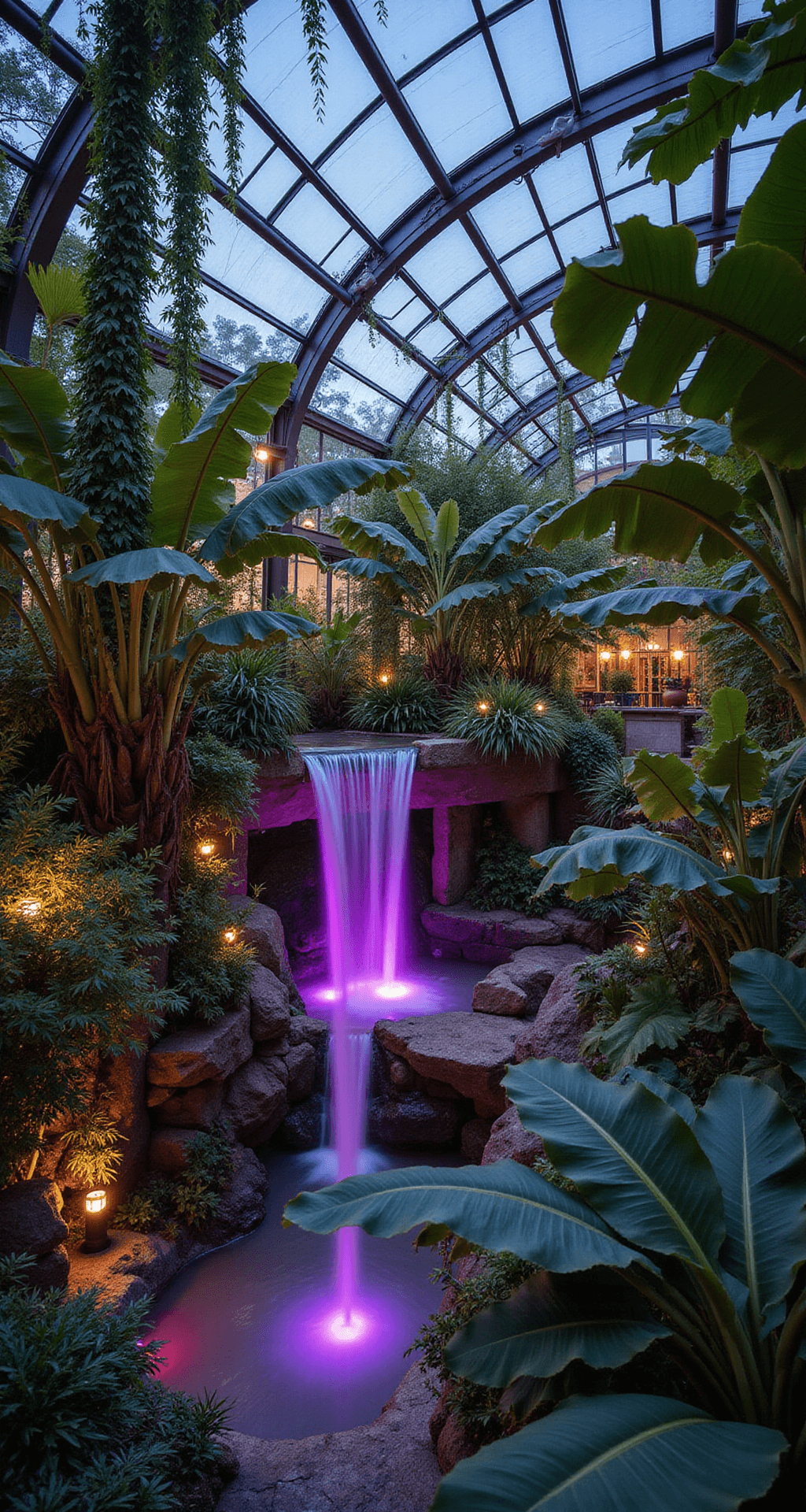 A tropical botanical sanctuary greenhouse at dusk, featuring a curved glass roof, towering banana plants, and birds of paradise illuminated by purple LED grow lights. A multi-level waterfall with natural stone adds to the ambiance, while hanging vines create organic curtains overhead. The image is captured from ground level, showcasing a vibrant color palette of deep emerald, tropical orange, violet highlights, and natural stone gray, enhanced by dramatic uplighting.