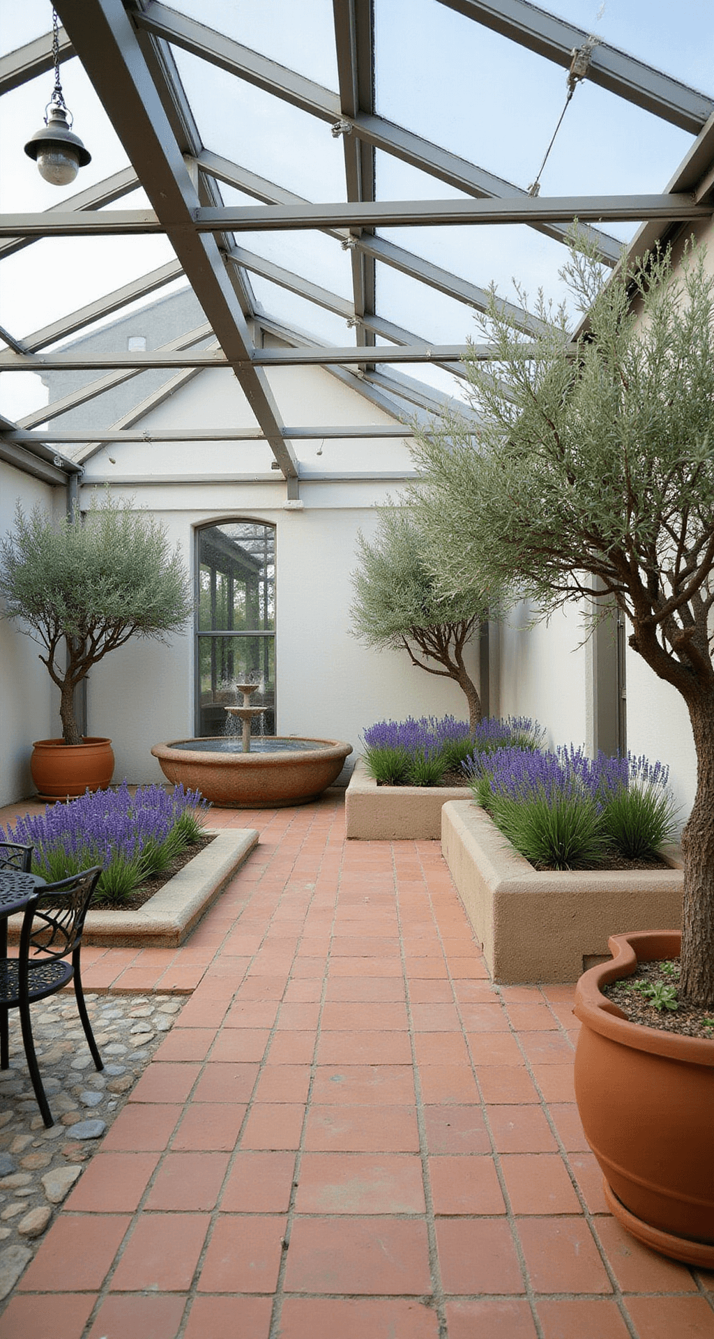 A contemporary Mediterranean greenhouse featuring terracotta tile flooring, whitewashed stucco walls, and a glass ceiling. Olive trees in large clay pots and lavender borders in limestone beds enhance the serene space, which includes a wrought iron bistro set beside a mosaic fountain. The image captures the structure's full length in bright natural light, showcasing a color palette of sun-bleached white, terracotta orange, Mediterranean blue, and silvery olive green.