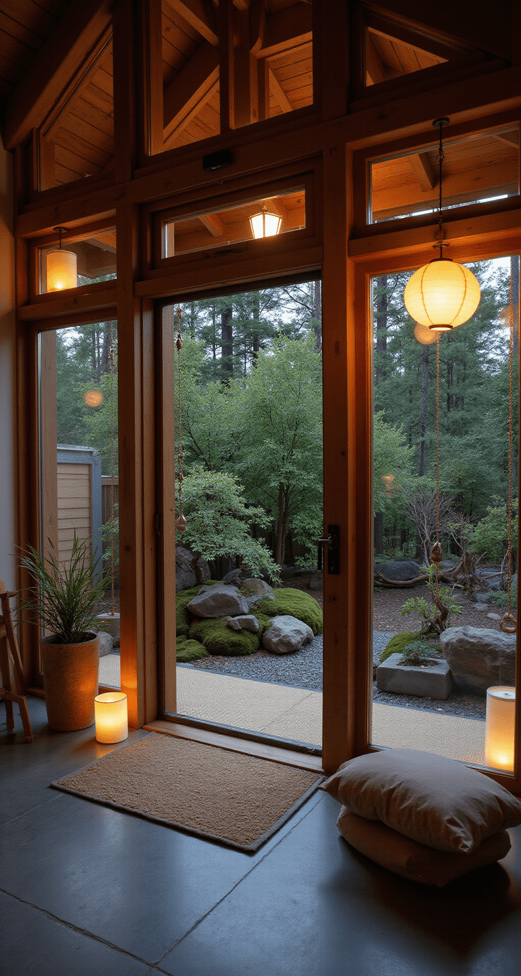 Japanese-inspired greenhouse tea room at twilight, featuring cedar wood framework, glowing paper lanterns, bamboo stands, and bonsai displays, with a tatami mat seating area adjacent to a rock garden and copper rain chains, captured from the sliding door entrance, showcasing warm cedar tones, moss green, stone gray, and paper white in low ambient lighting.