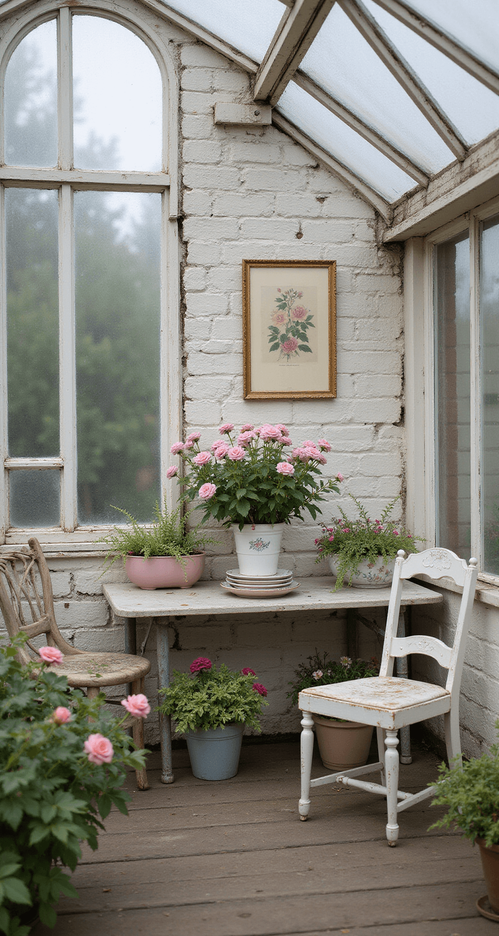 Interior of a cottage garden greenhouse shrouded in early morning fog, featuring vintage window frames and mismatched china containers filled with English roses and climbing clematis. Distressed pastel wooden chairs and aged metal plant stands complement the scene, while vintage botanical prints adorn the whitewashed brick wall. The image is captured through foggy glass panels, showcasing a soft pastel color palette with dreamy diffused light.