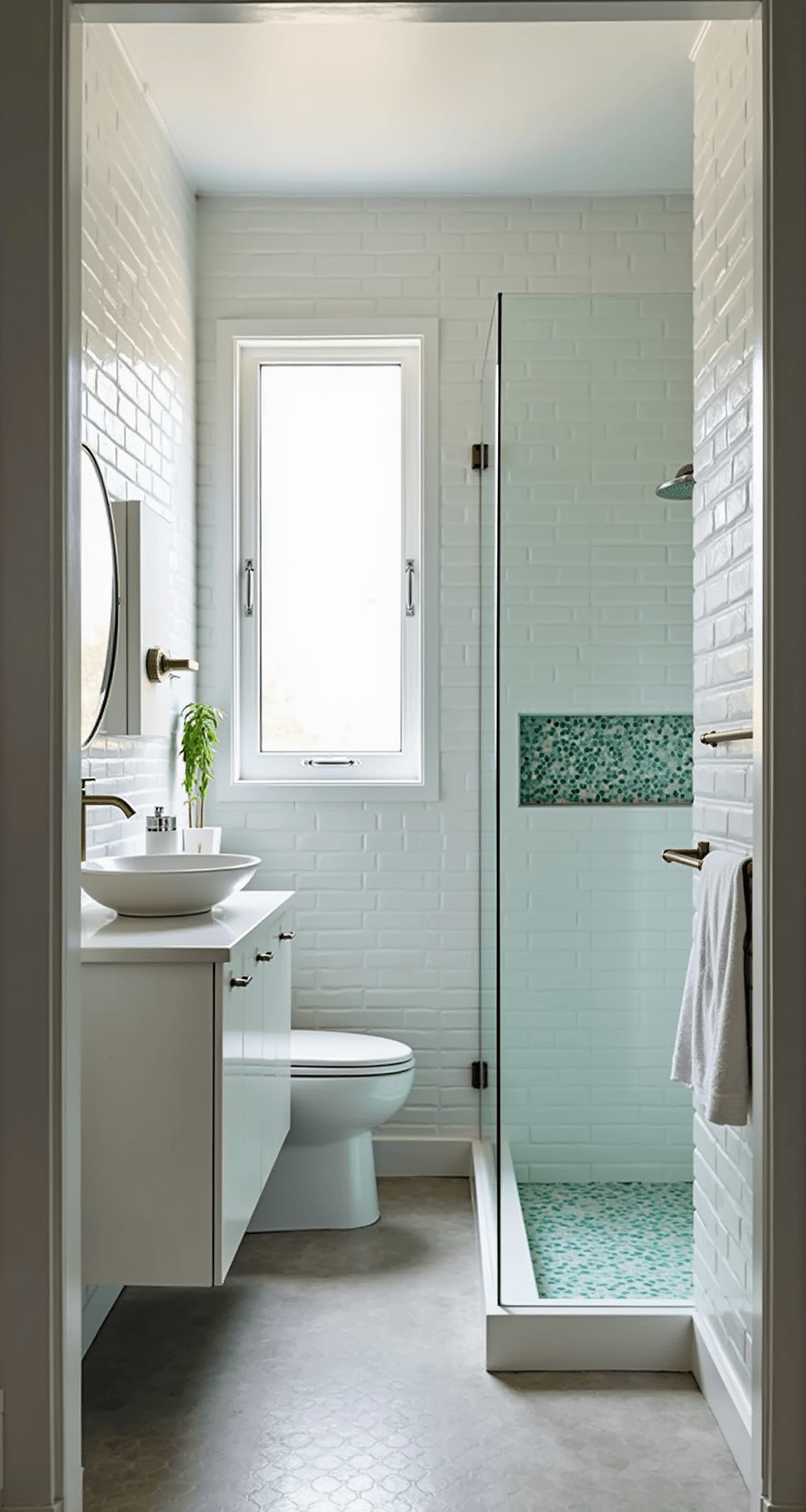 Tiny Bathroom Remodel: Transforming Your Compact Space into a Stylish Oasis Bright and airy 5x8 ft bathroom with white subway tiles, light gray penny tile flooring, floating white vanity, large round mirror with LED backlighting, glass-enclosed shower with rainfall showerhead, sea-green mosaic tile niche, plush white towels on brushed brass towel bar, and a small potted fern on the toilet tank, illuminated by morning sunlight.