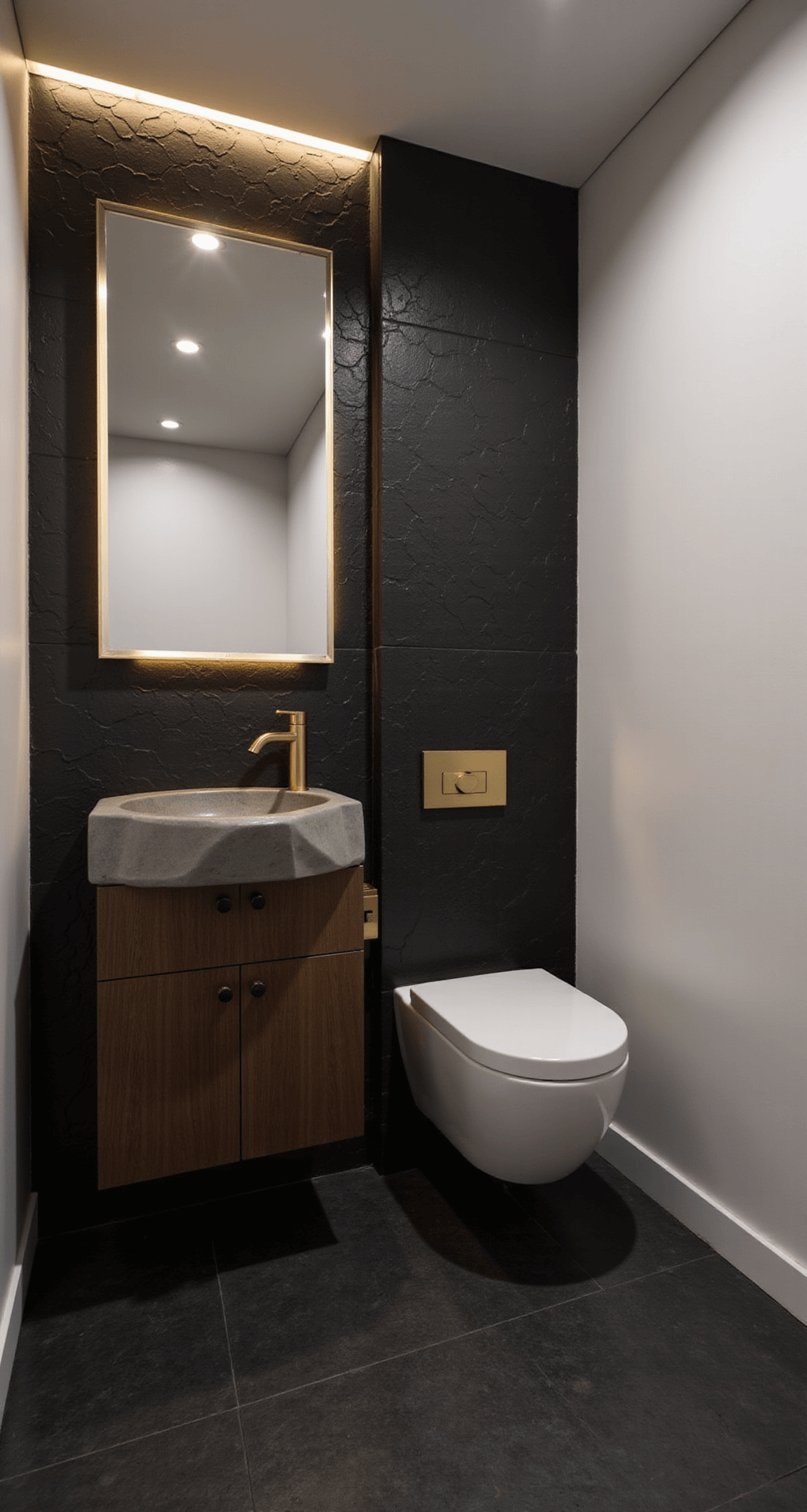 Tiny Bathroom Remodel: Transforming Your Compact Space into a Stylish Oasis Ultra-modern powder room featuring matte black hexagonal tiles, a brushed gold wall-mounted faucet, a floating concrete sink, a backlit mirror, and a wall-hung toilet, all illuminated by dramatic lighting and accent lighting in the baseboards.