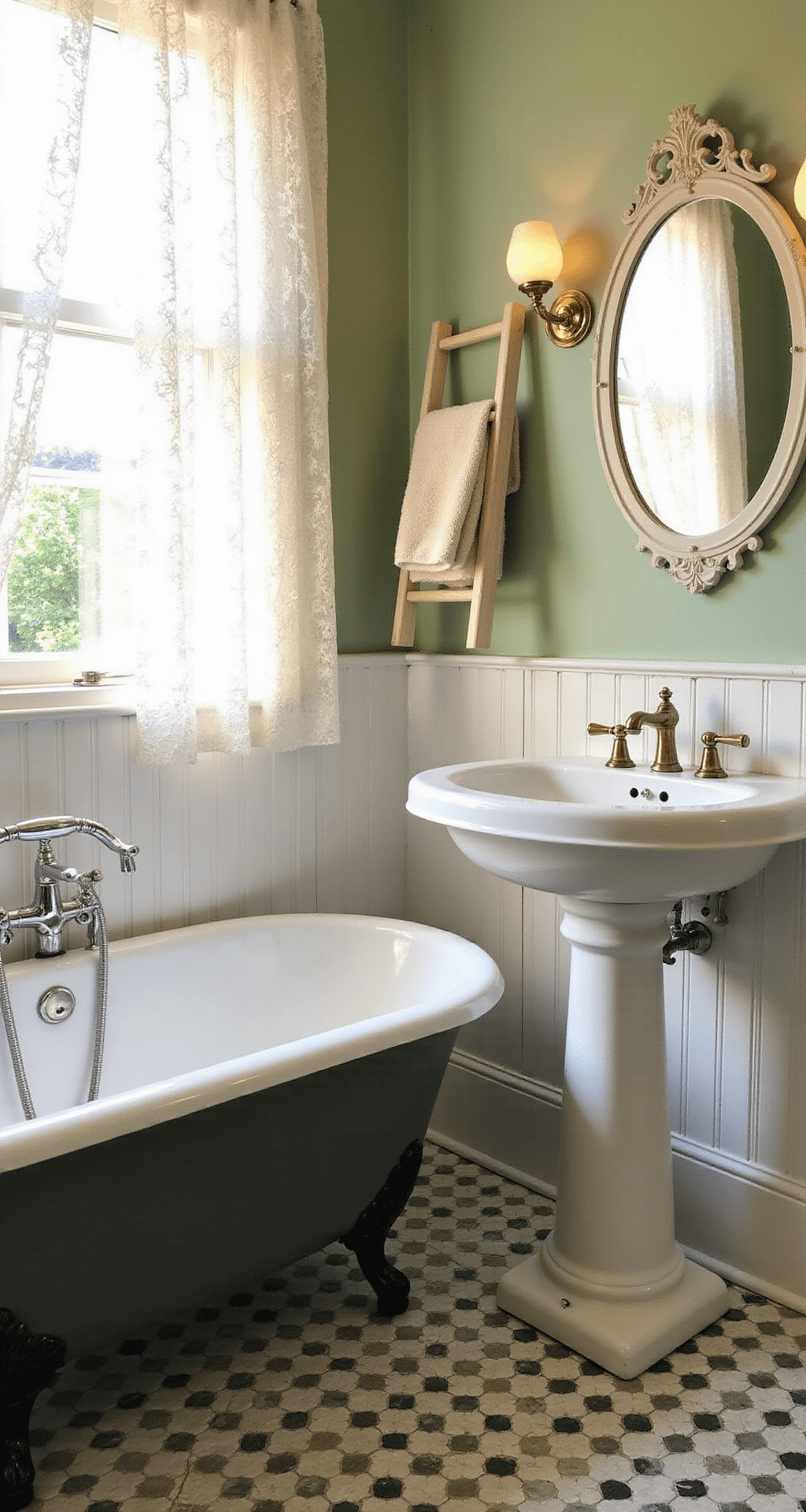 Tiny Bathroom Remodel: Transforming Your Compact Space into a Stylish Oasis A cozy vintage-inspired bathroom featuring a clawfoot tub and pedestal sink, illuminated by warm light through lace curtains, with sage green walls, beadboard wainscoting, and black and white octagonal tile flooring.