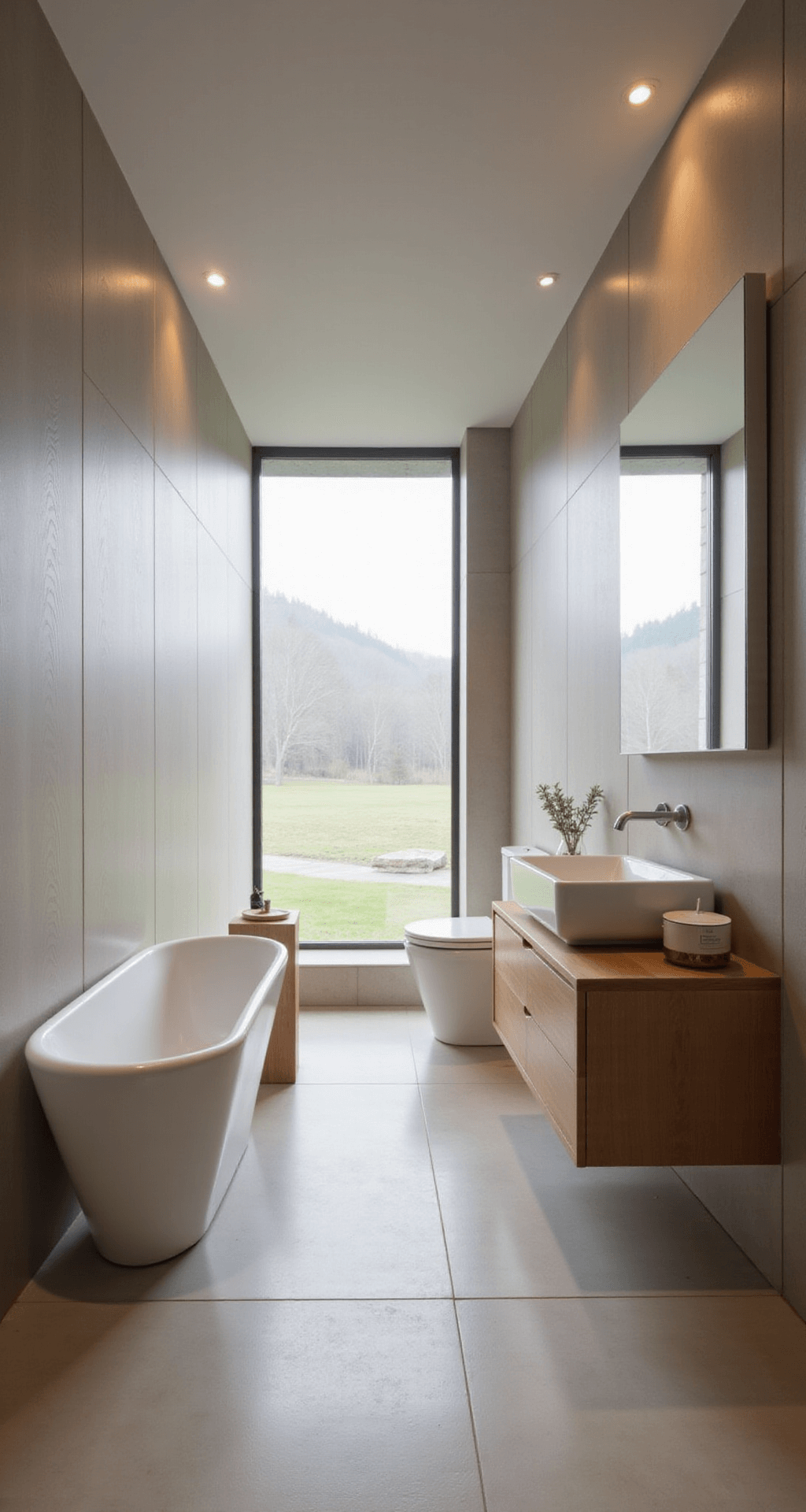 Tiny Bathroom Remodel: Transforming Your Compact Space into a Stylish Oasis A minimalist 5x7 ft bathroom adorned with Japanese-inspired elements, featuring a freestanding matte white soaking tub, floating warm-toned wooden vanity, porcelain tile walls resembling pale wood grain, and early morning light filtering through a shoji screen window.