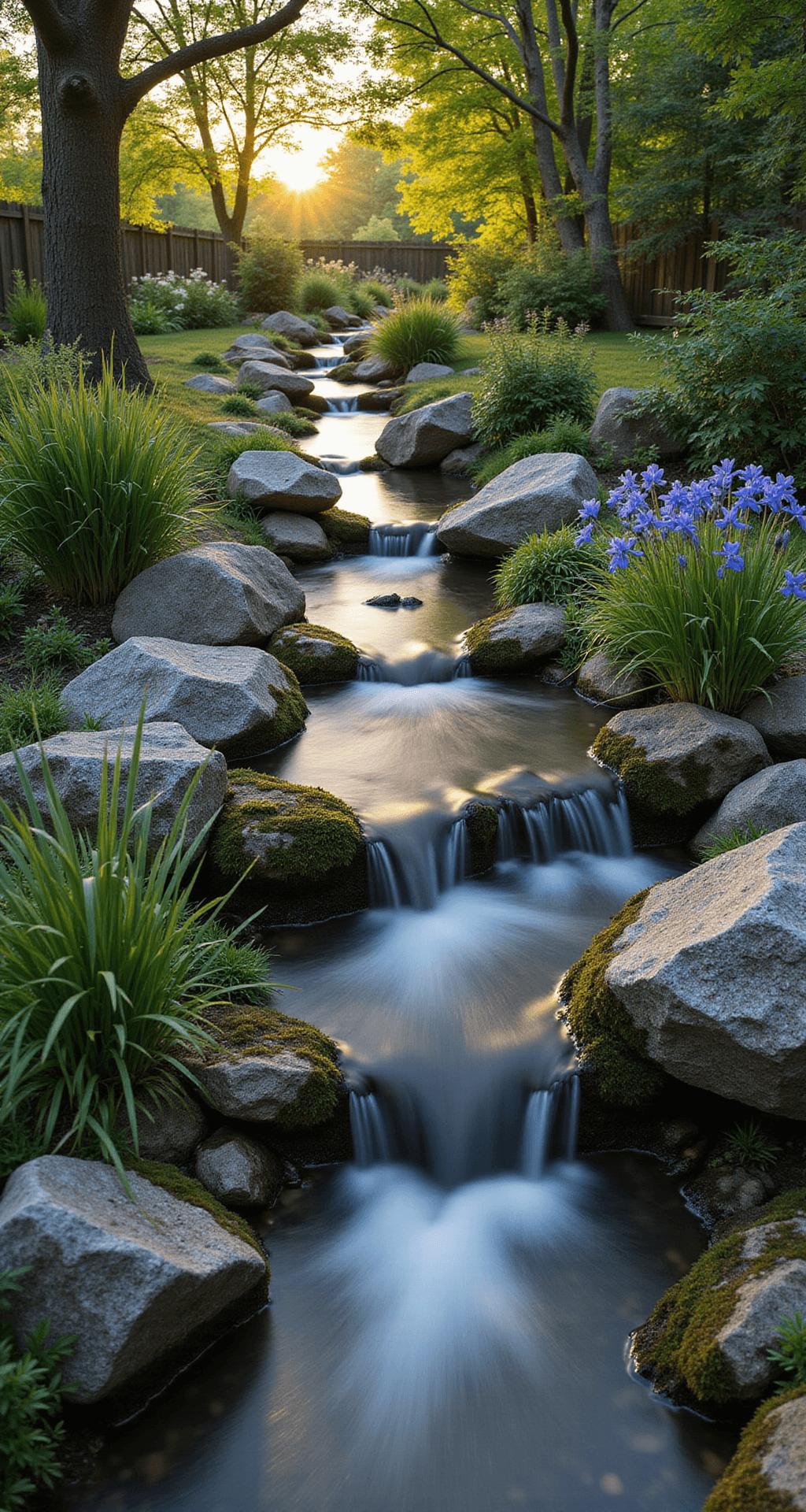 A tranquil backyard scene featuring a winding garden stream with a small waterfall, surrounded by lush plants and dappled sunlight, captured from a low angle to highlight the water movement and dreamy bokeh effect.