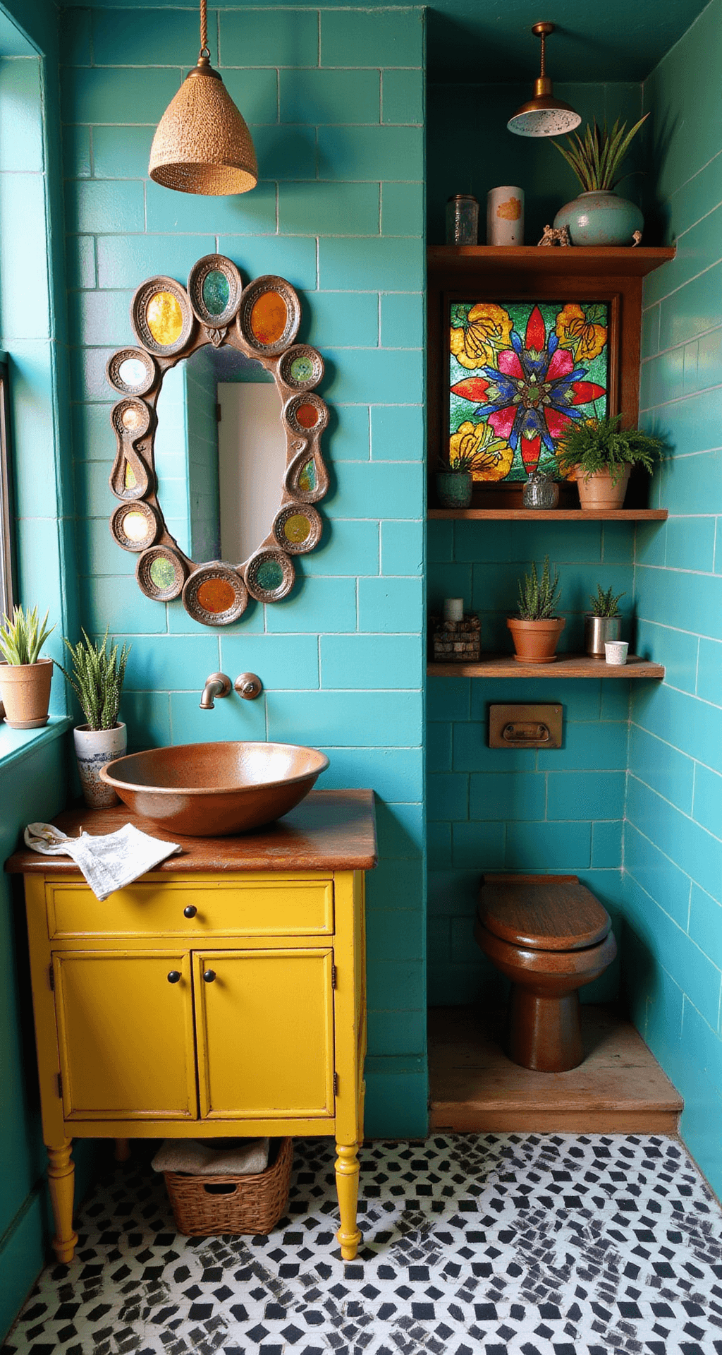 Tiny Bathroom Remodel: Transforming Your Compact Space into a Stylish Oasis A vibrant 4x8 ft bathroom featuring teal subway tiles, black and white geometric patterned floor, sunny yellow salvaged wood vanity with a hammered copper sink, an eclectic mirror collection, a colorful stained glass shower, quirky pottery on open shelves, and a woven rattan pendant light.